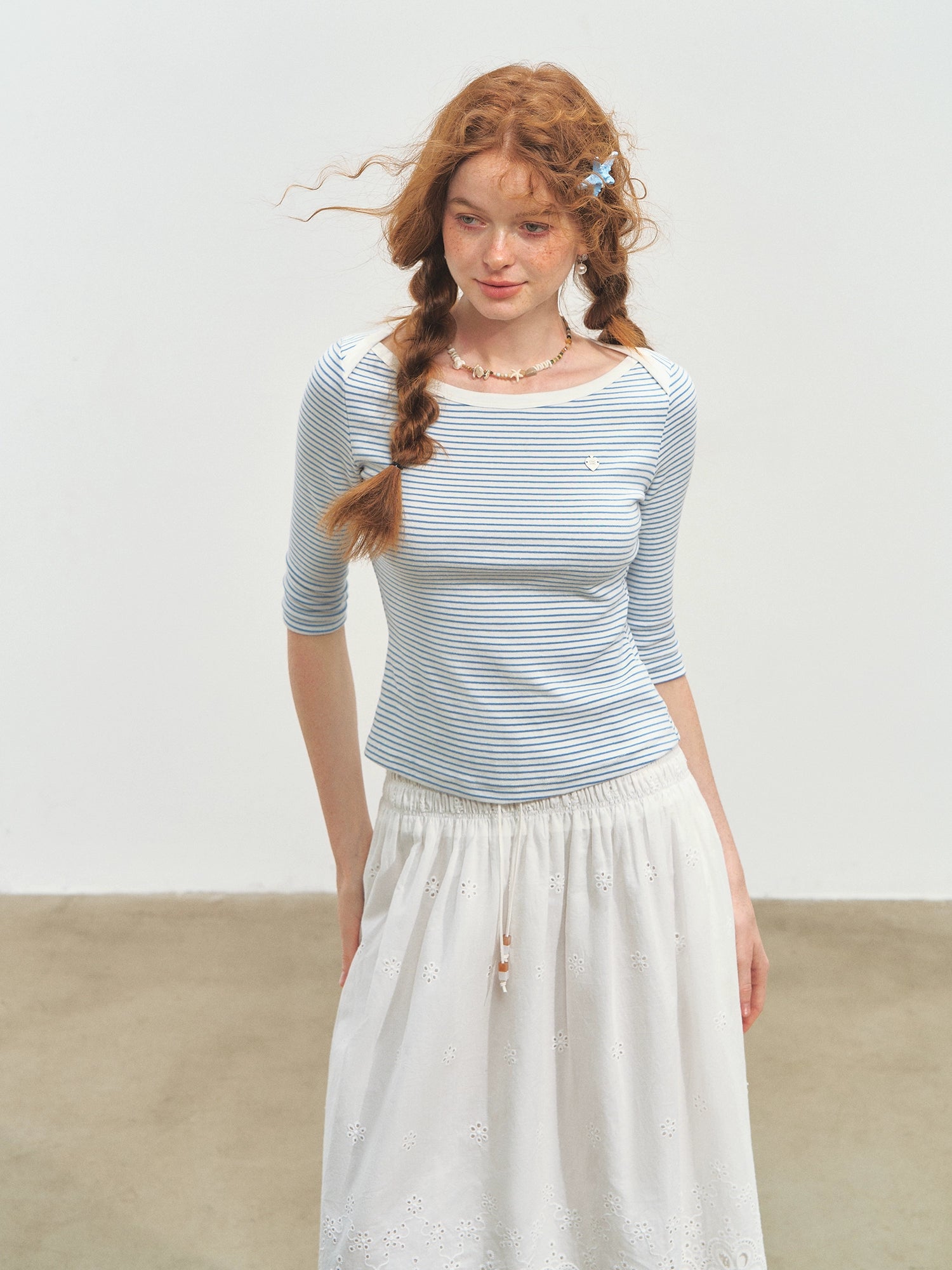 Envelope Neck Mid-sleeve Striped T-Shirt - CHINASQUAD