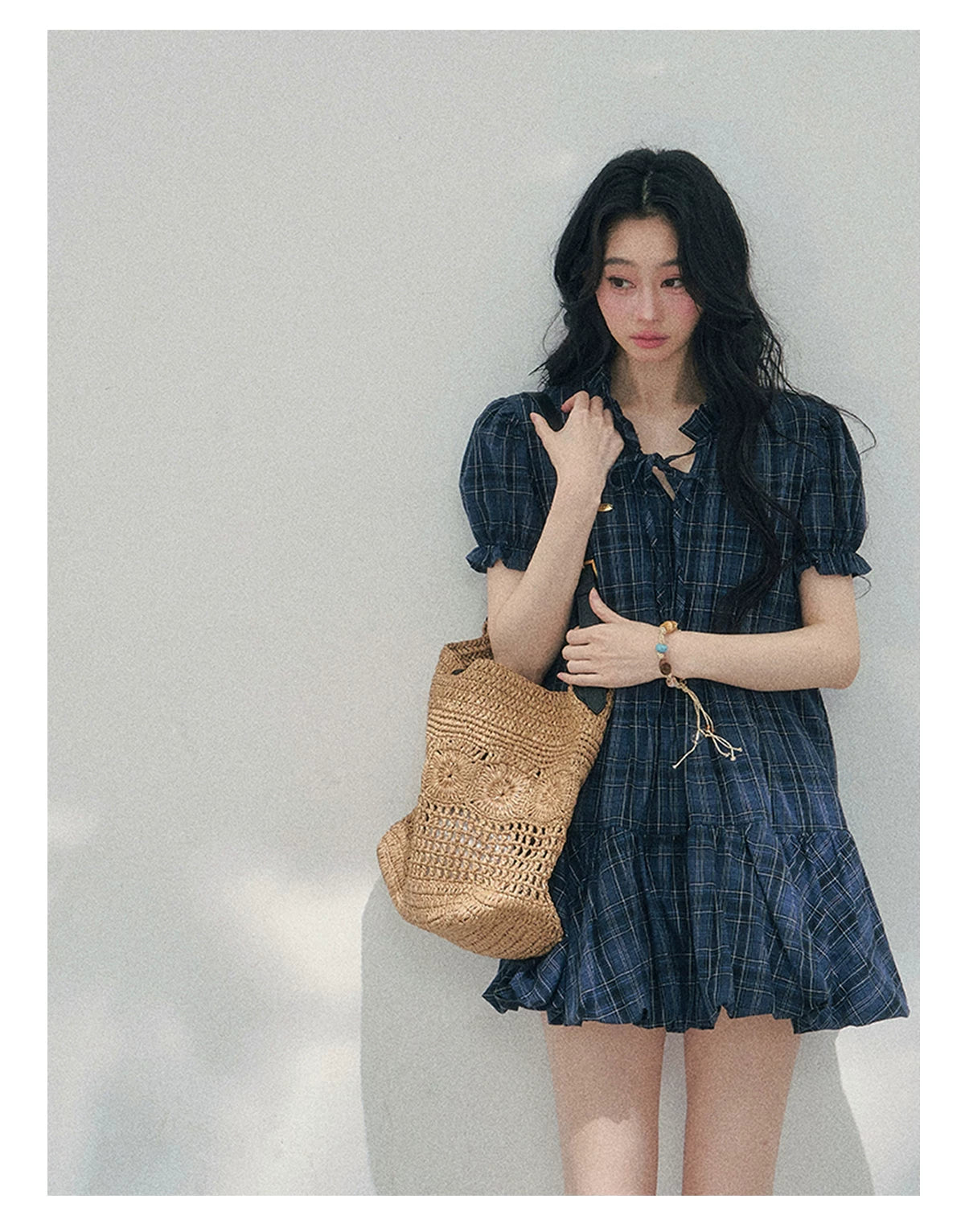 French Plaid Puff Sleeve Mini Dress