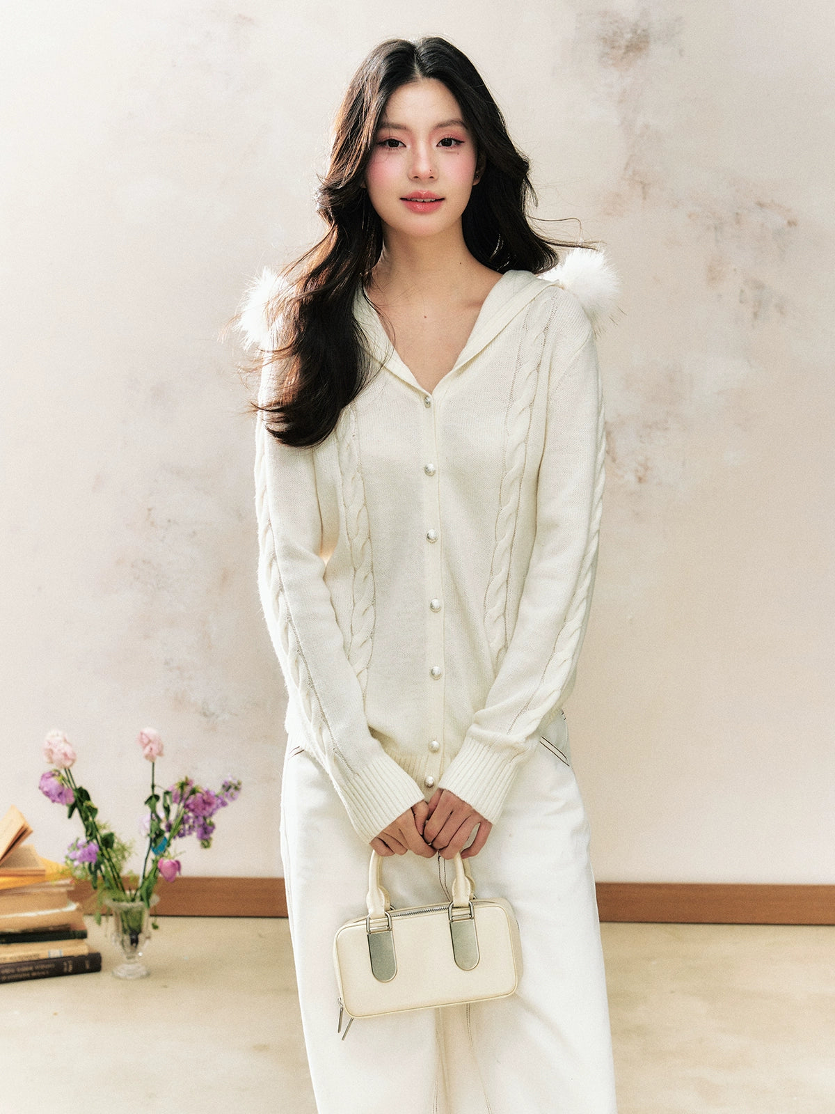 White Hooded Sweater Inner Fitted Knit Cardigan - CHINASQUAD