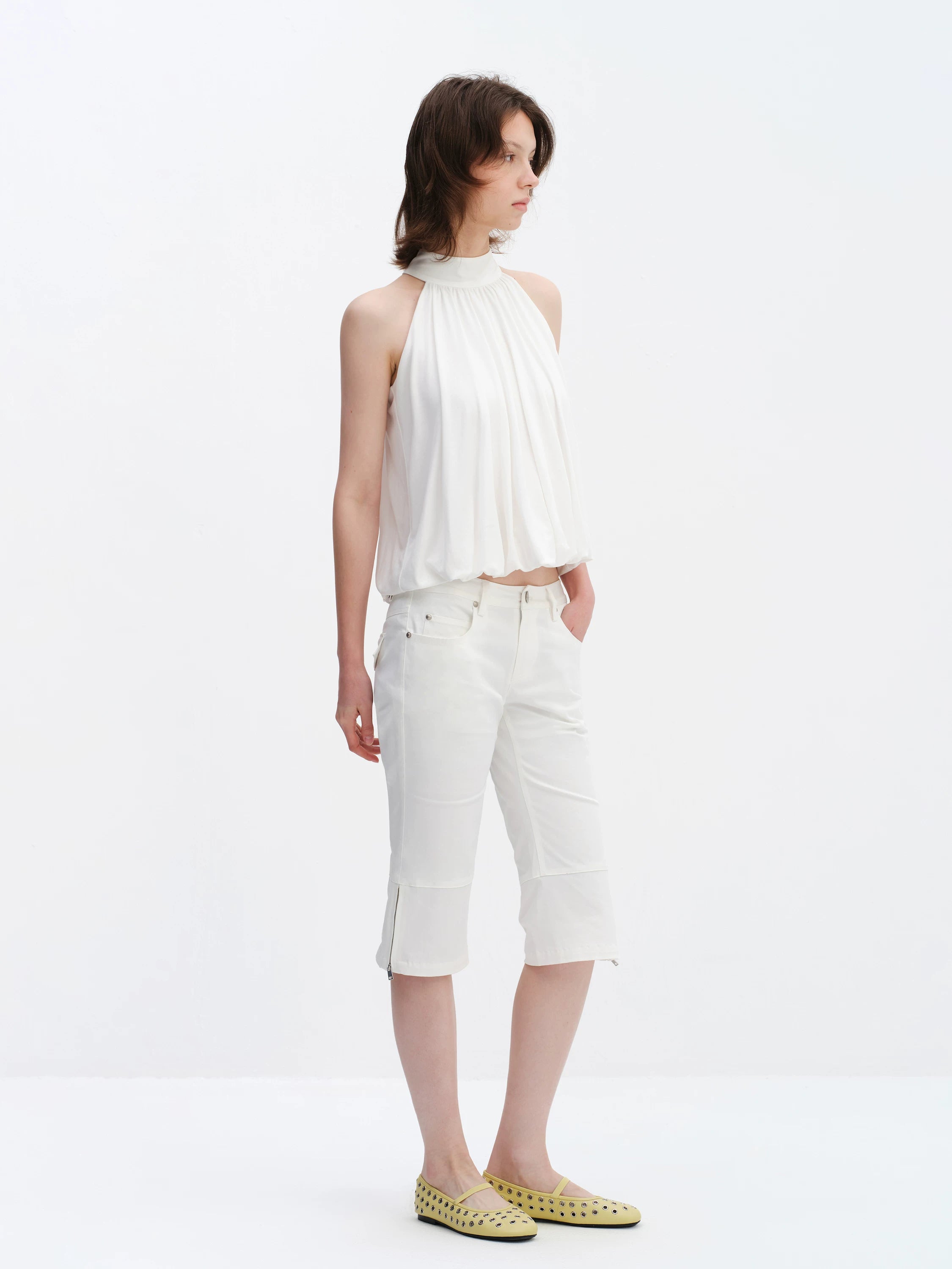 Lyocell Bubble Hem Halter Neck Blouse