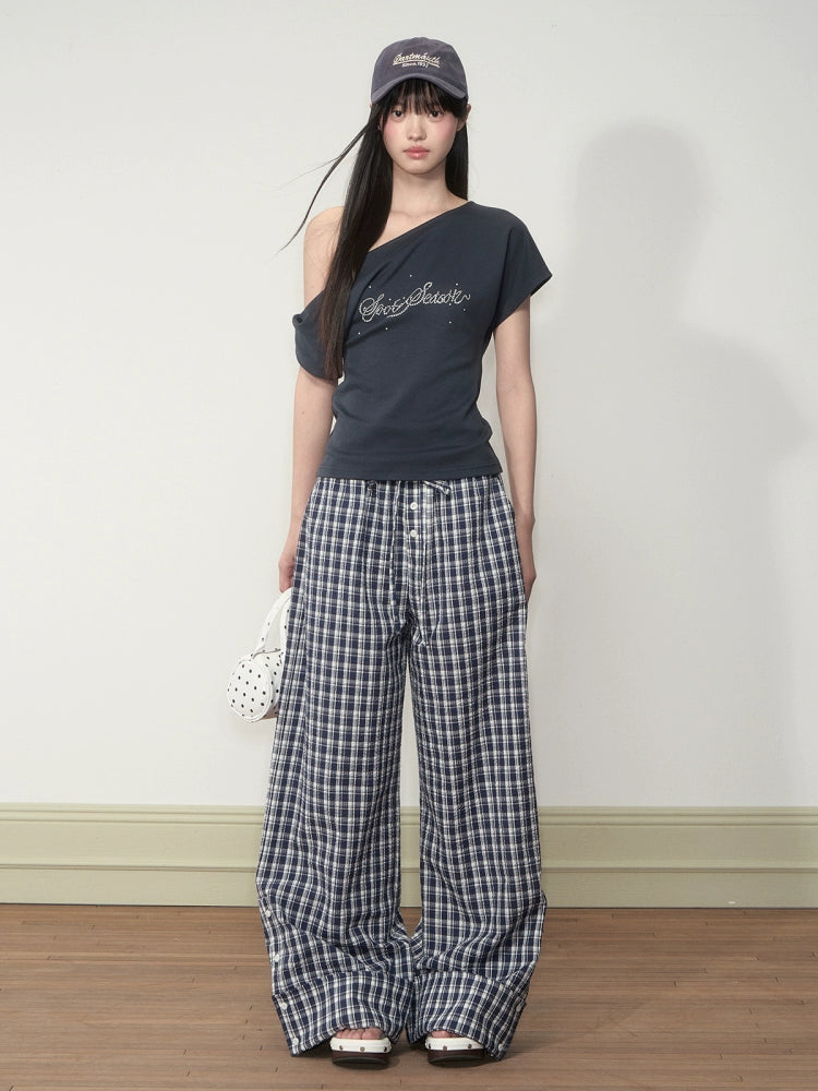 Flapped Loose Navy Checkered Pants - CHINASQUAD
