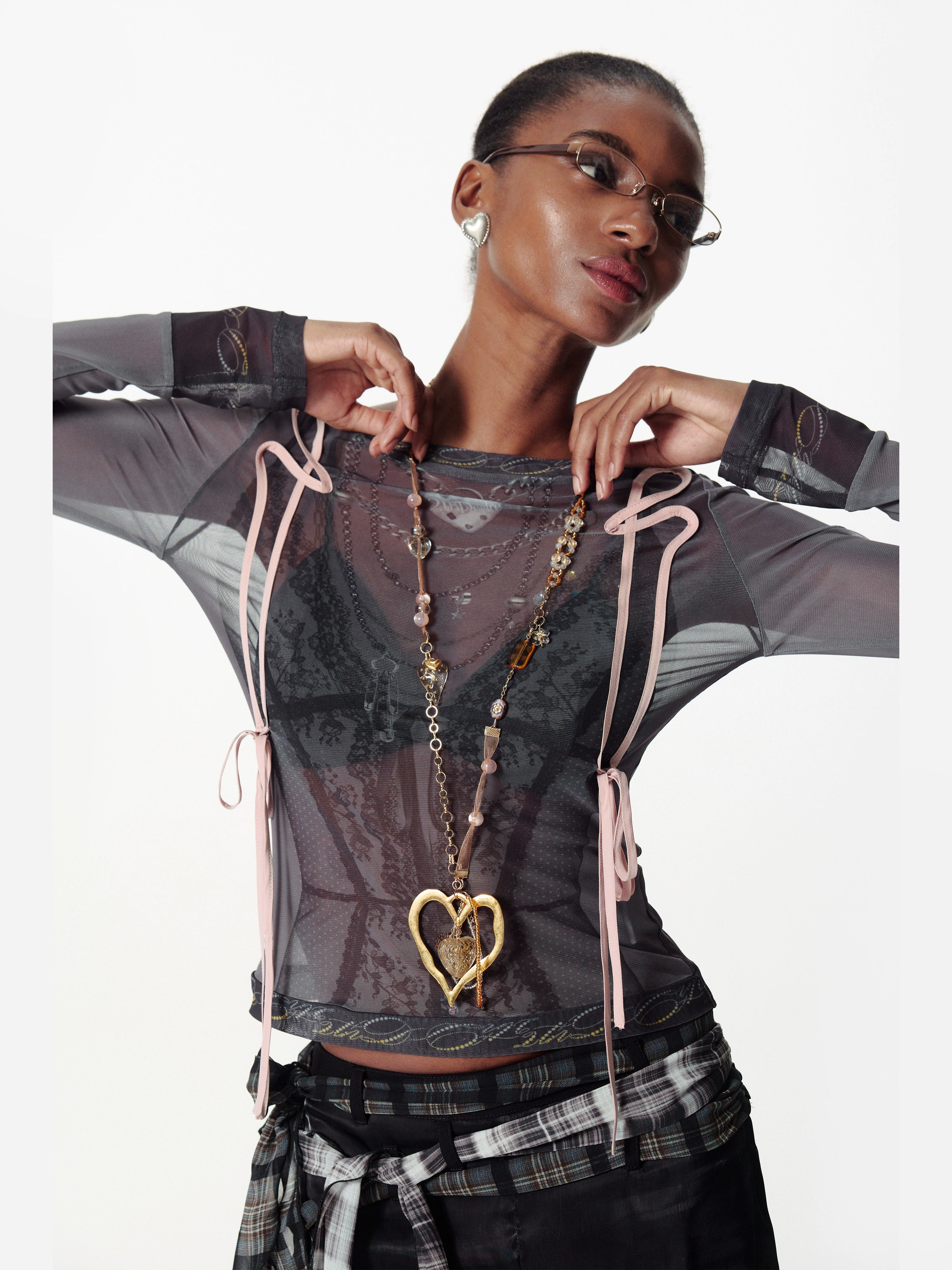 Handmade Ribbon & Bead Heart Charm Necklace - CHINASQUAD