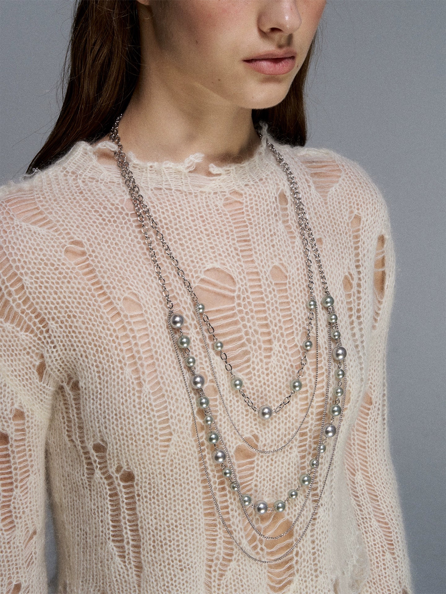 Silver Pearl Layered Sweater Necklace