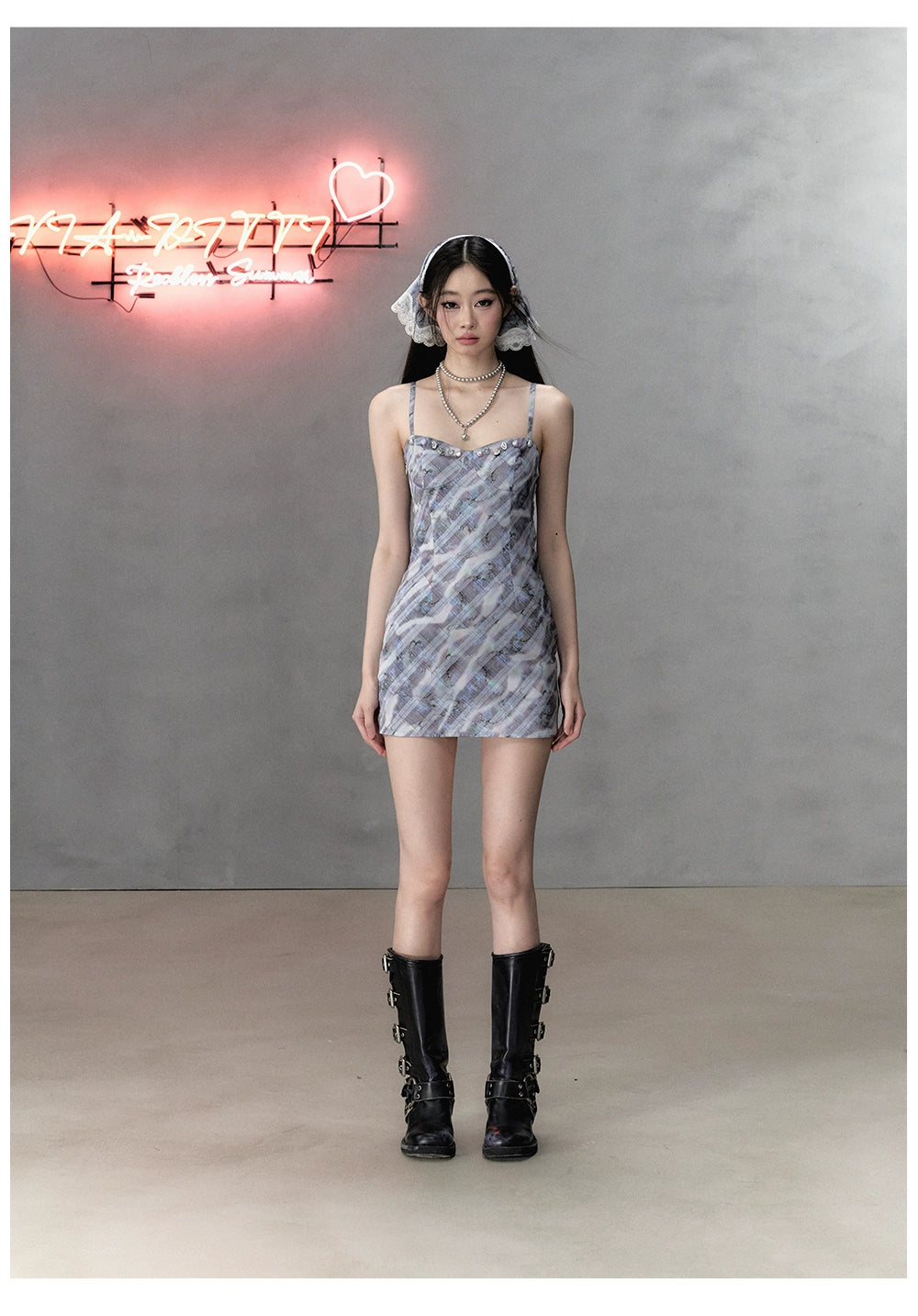 Purple Gray Blue Plaid Camisole Dress - CHINASQUAD