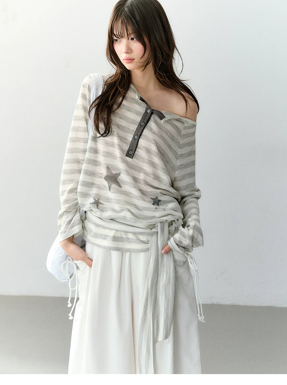 Star Print Off-Shoulder Striped Relaxed Knit Blouse