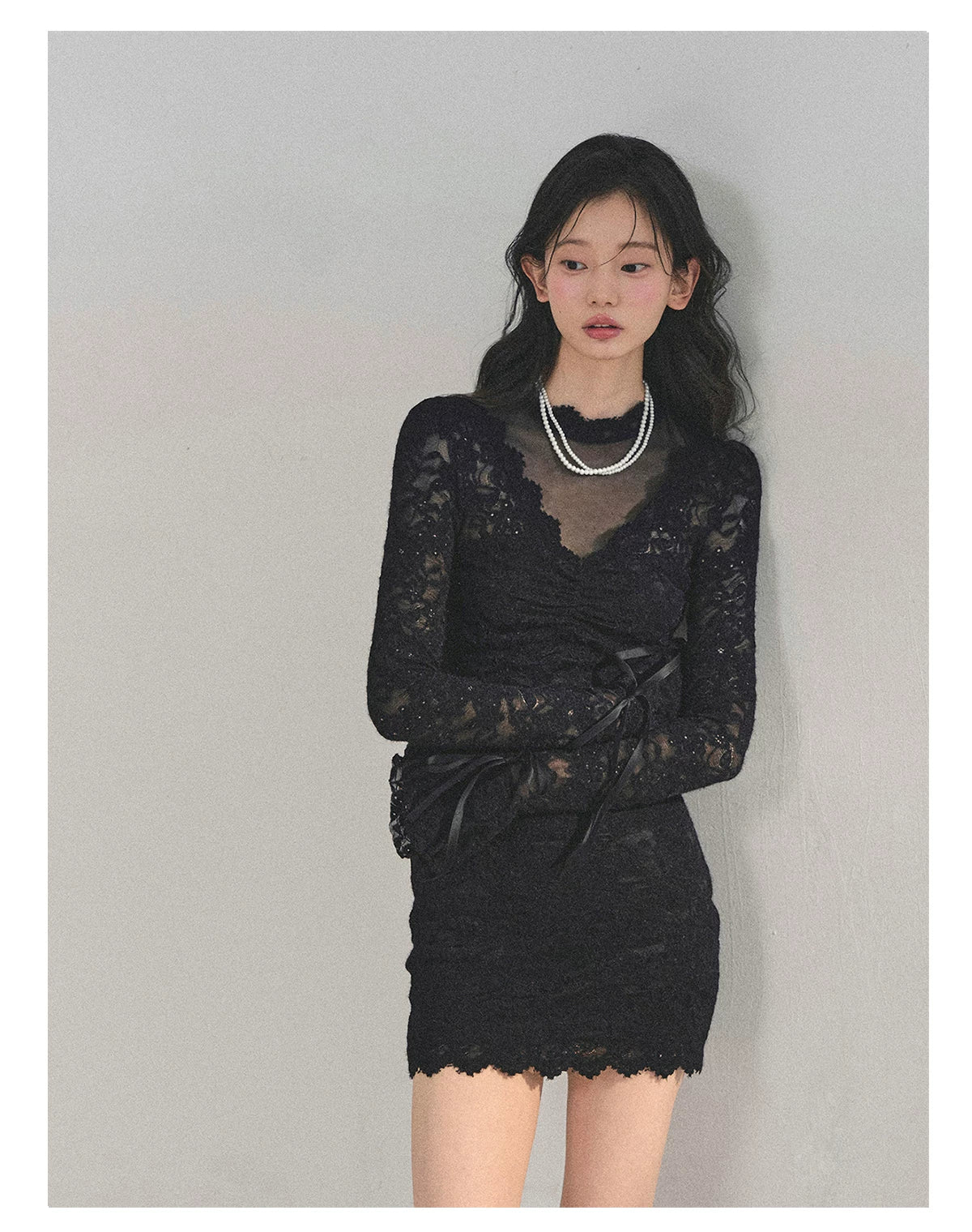 Lace Mesh Long-Sleeve Mini Dress