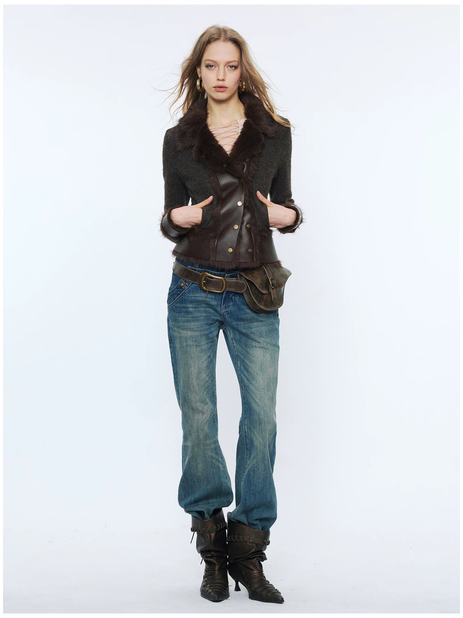 Knit Panel Faux Fur Cardigan Jacket