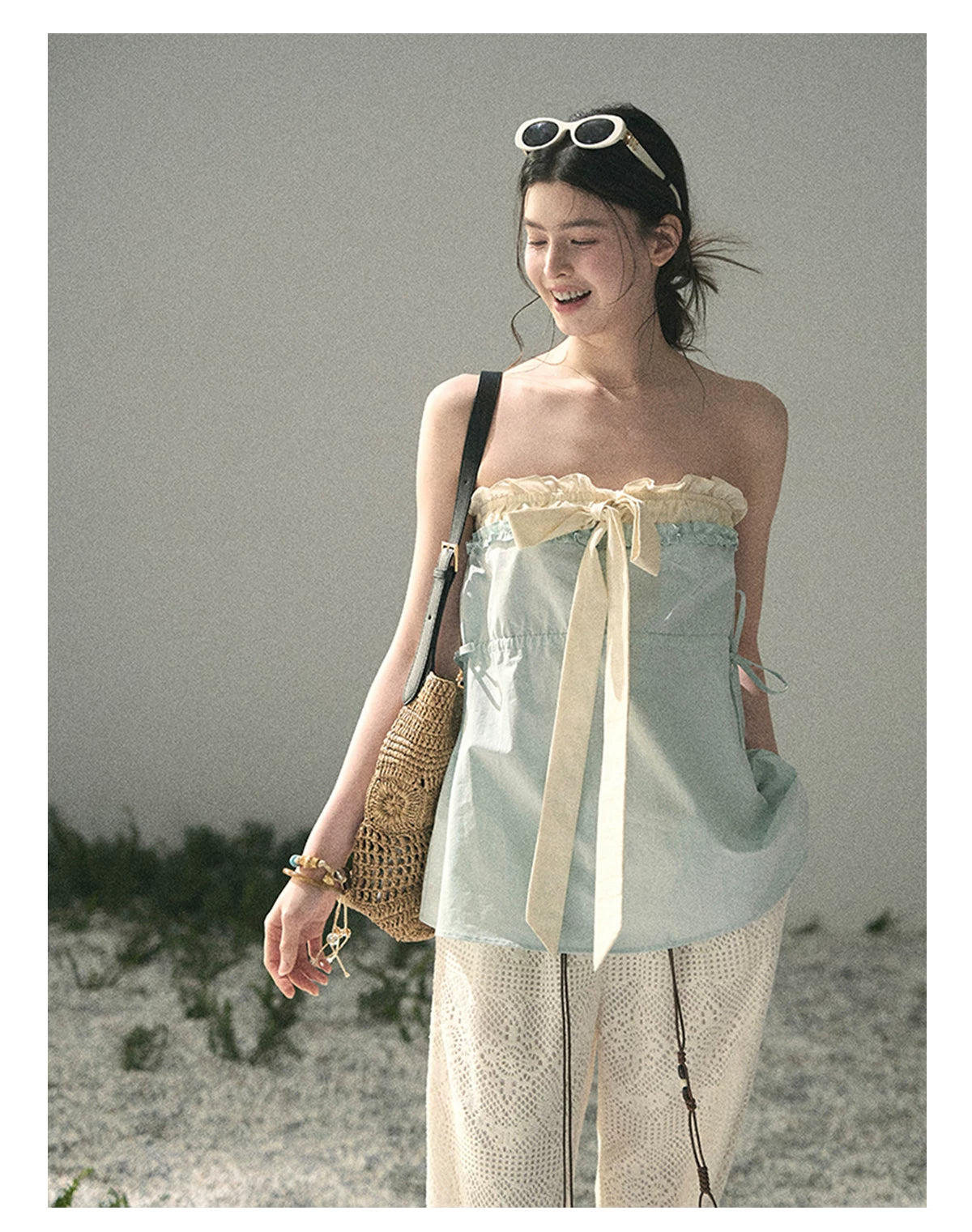 “Soft Blue Whisper” Faux Two-Piece Bandeau Top