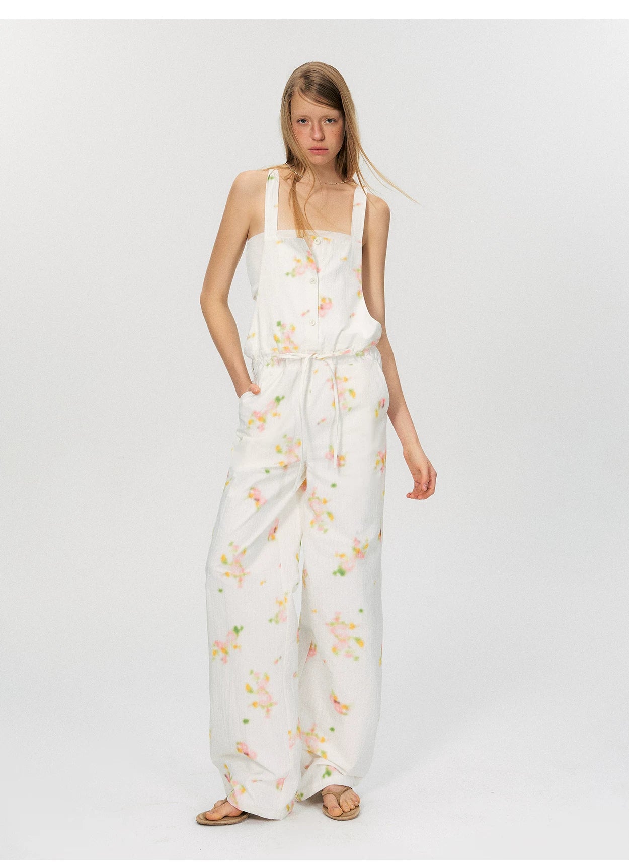 Vintage Soft-Blur Floral Backless Strap Jumpsuit