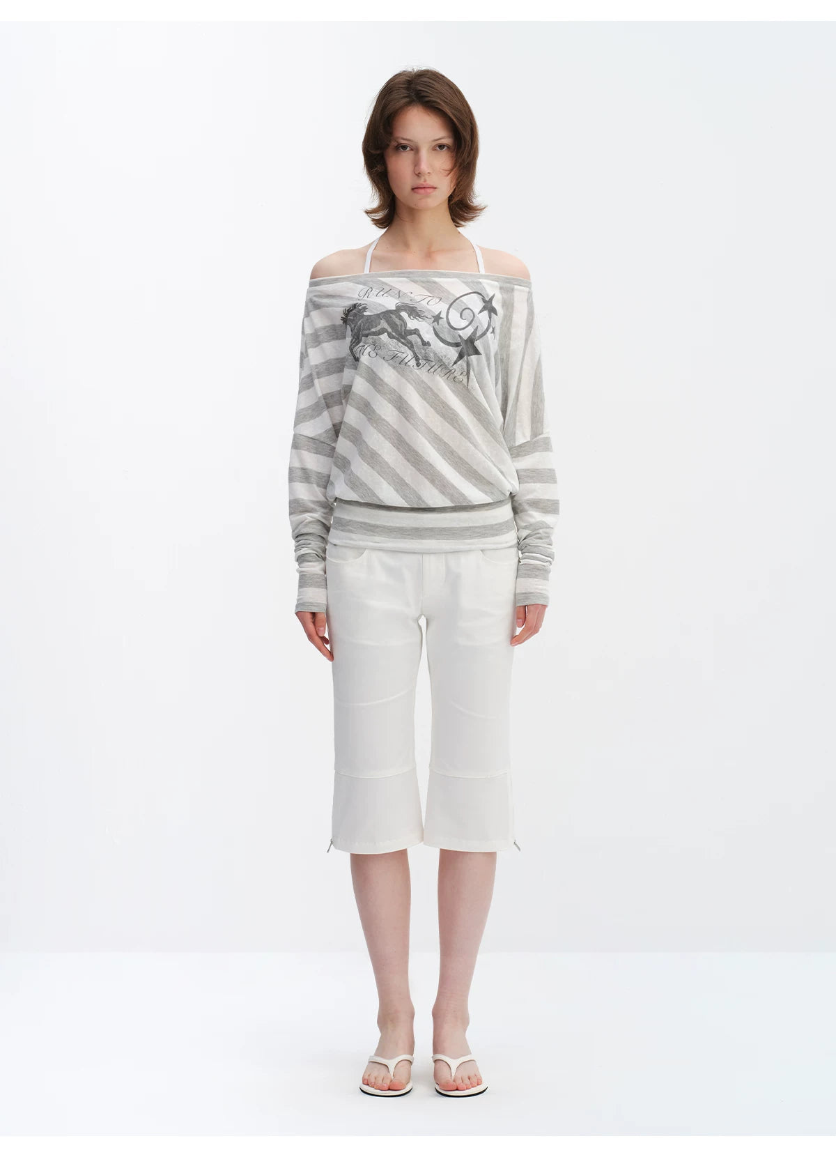 Grey Striped Off-Shoulder Graphic Long Sleeve Blouse