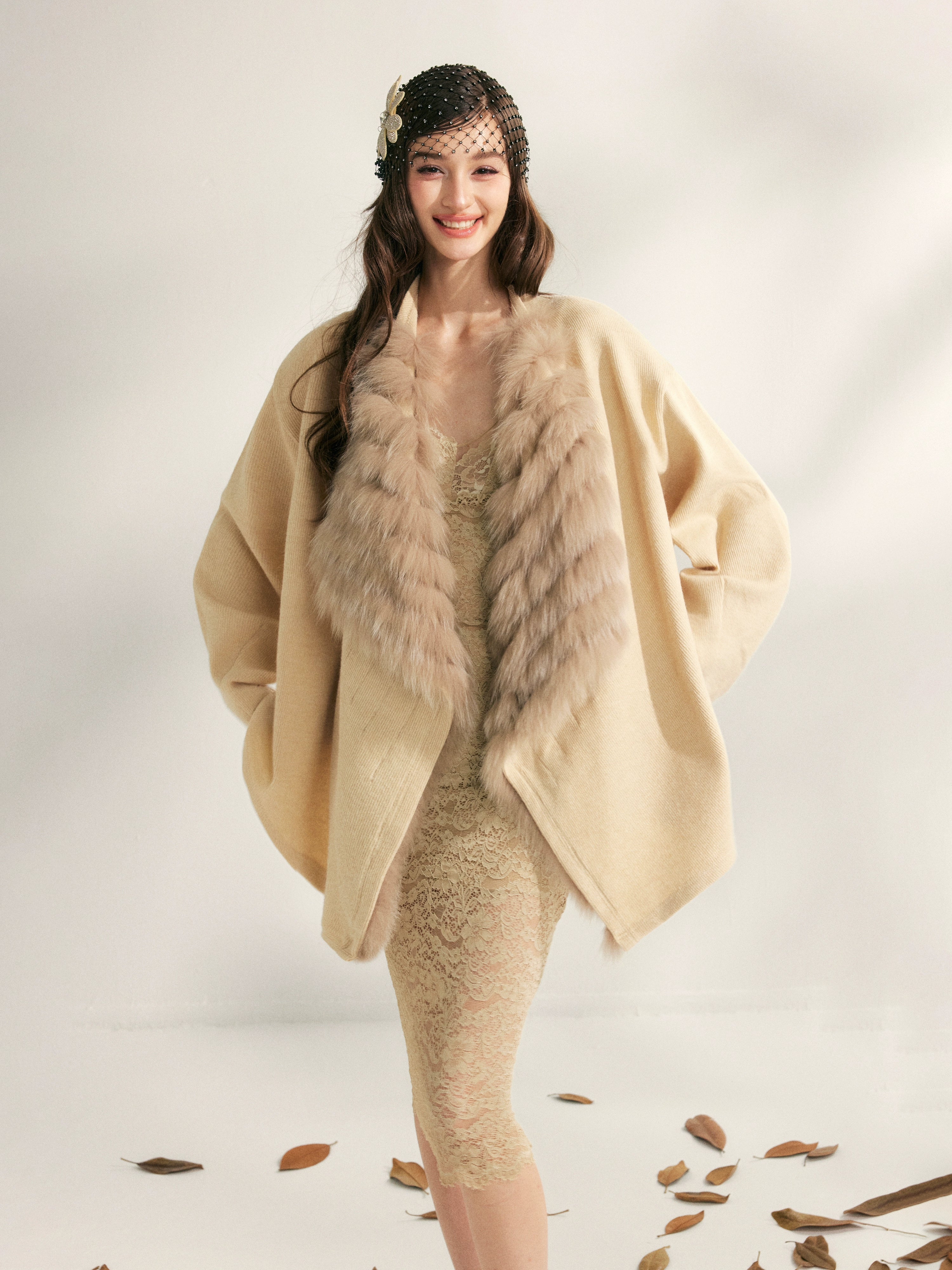 Fox Whisper Knit Fur Collar Cardigan Jacket