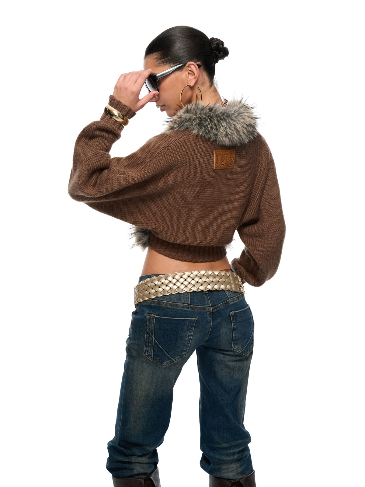 Faux-Fur Collar Cropped Knit Cardigan