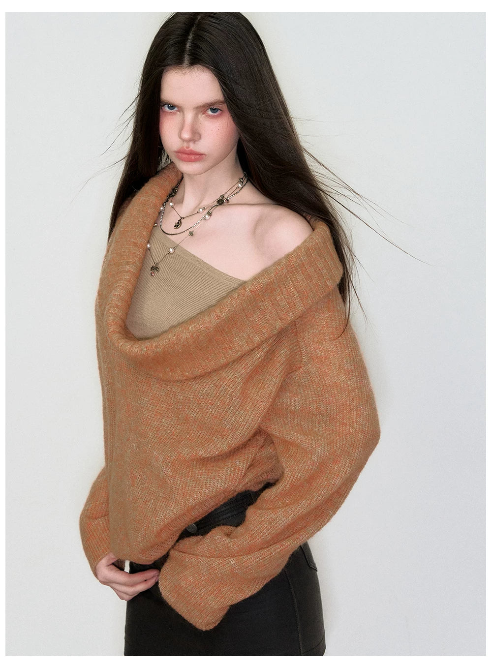 Relaxed Cowl-Neck Pullover Wool Knit Sweater