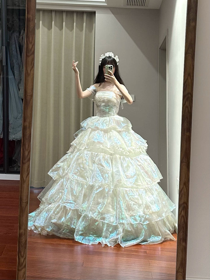 Iridescent Fructose-Sheen Tiered Couture Gown