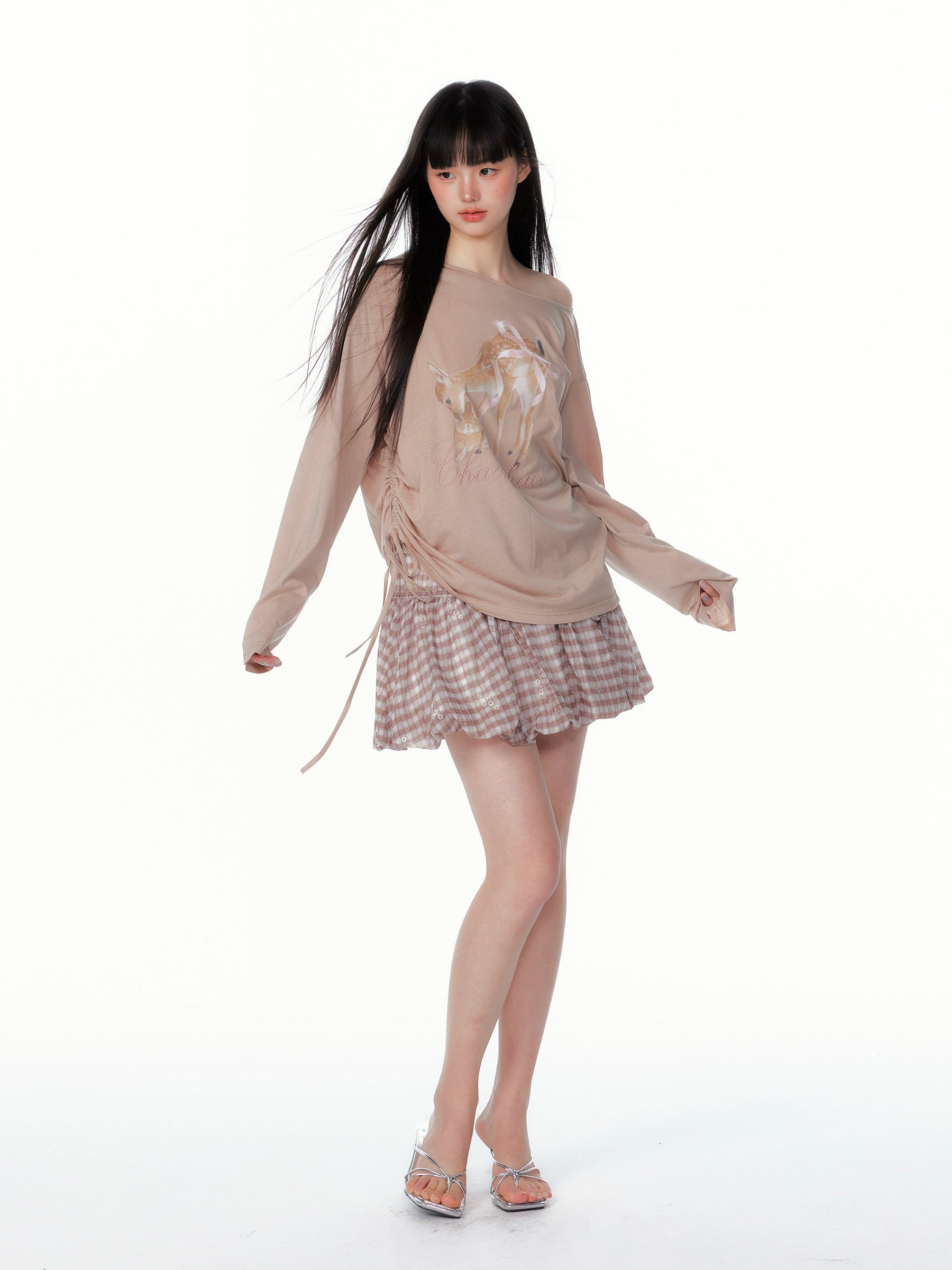Asymmetric Deer Print Crystal-Embellished T-Shirt