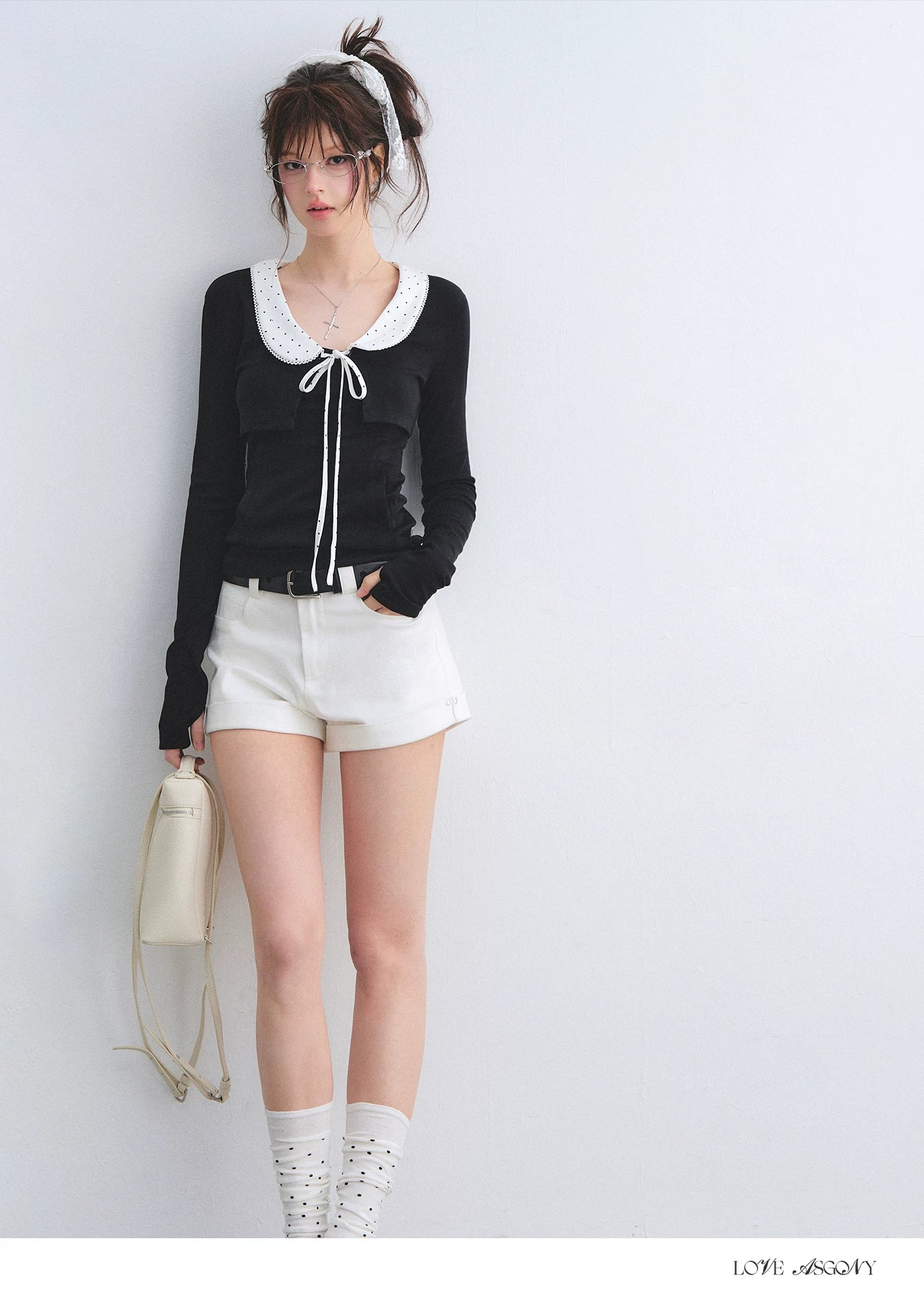 Polka Dot Lace Collar Long Sleeve Cardigan & Cami Two-Piece Set