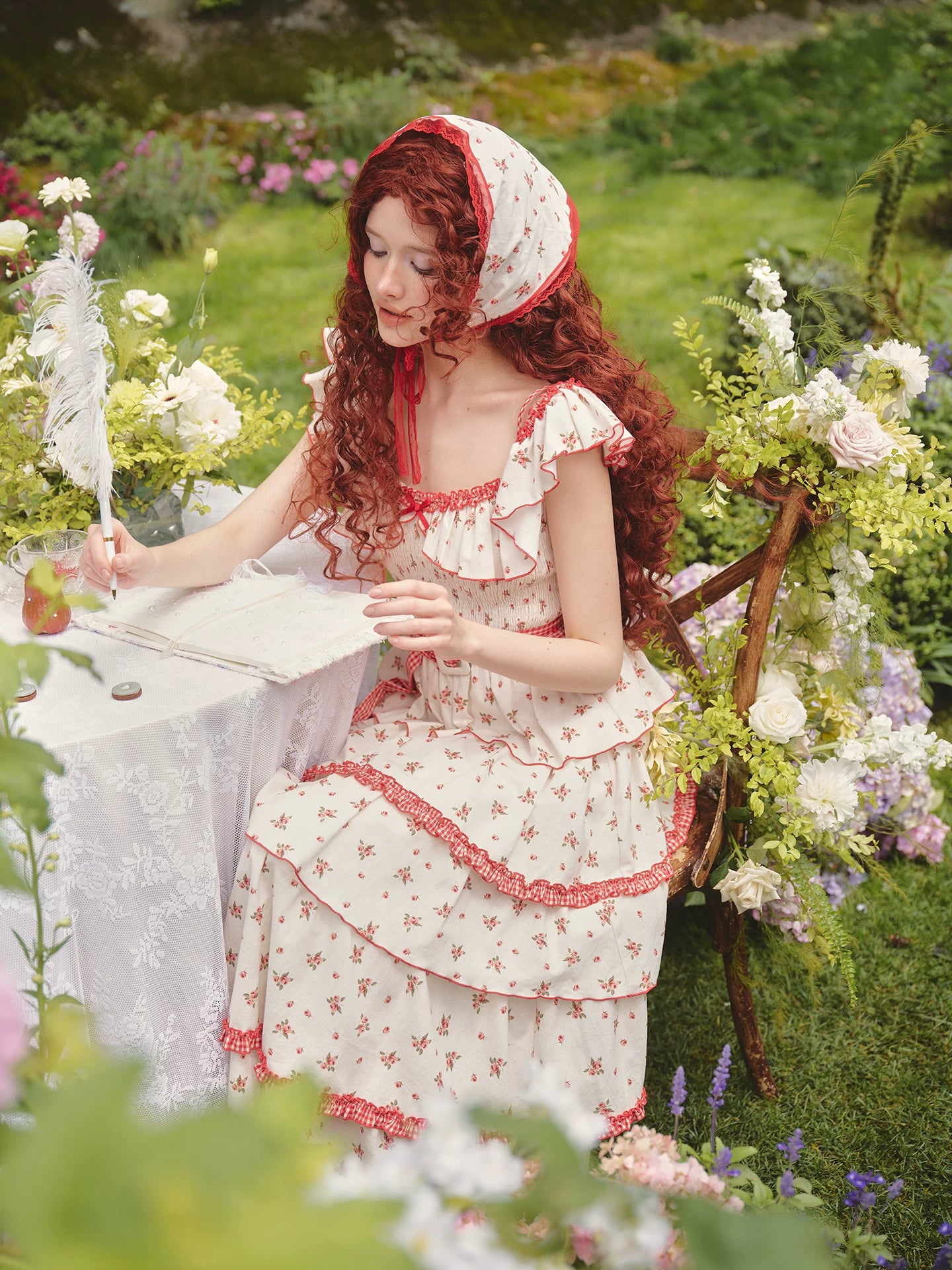 French Pastoral Floral Tiered Maxi Dress