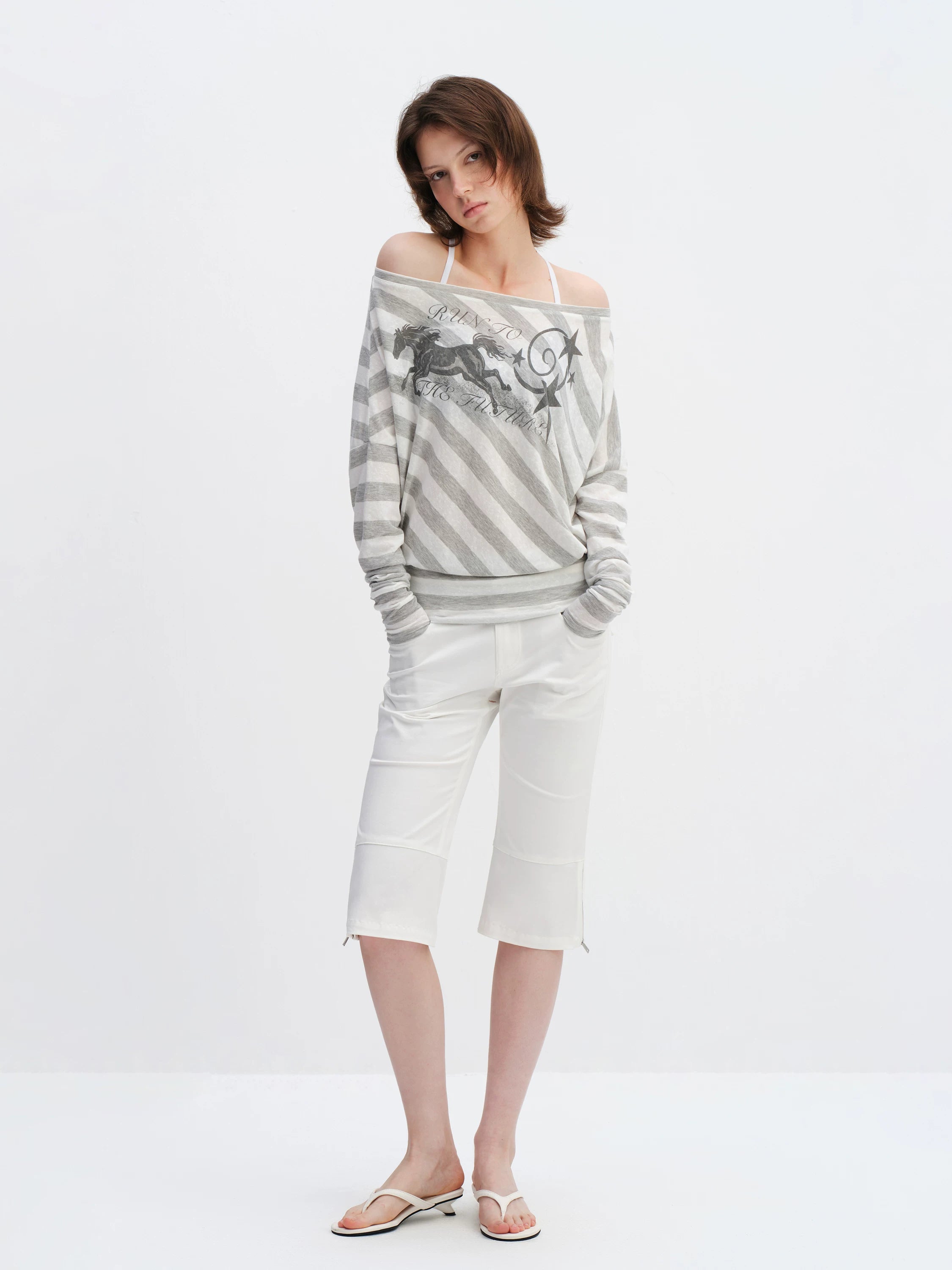 Grey Striped Off-Shoulder Graphic Long Sleeve Blouse