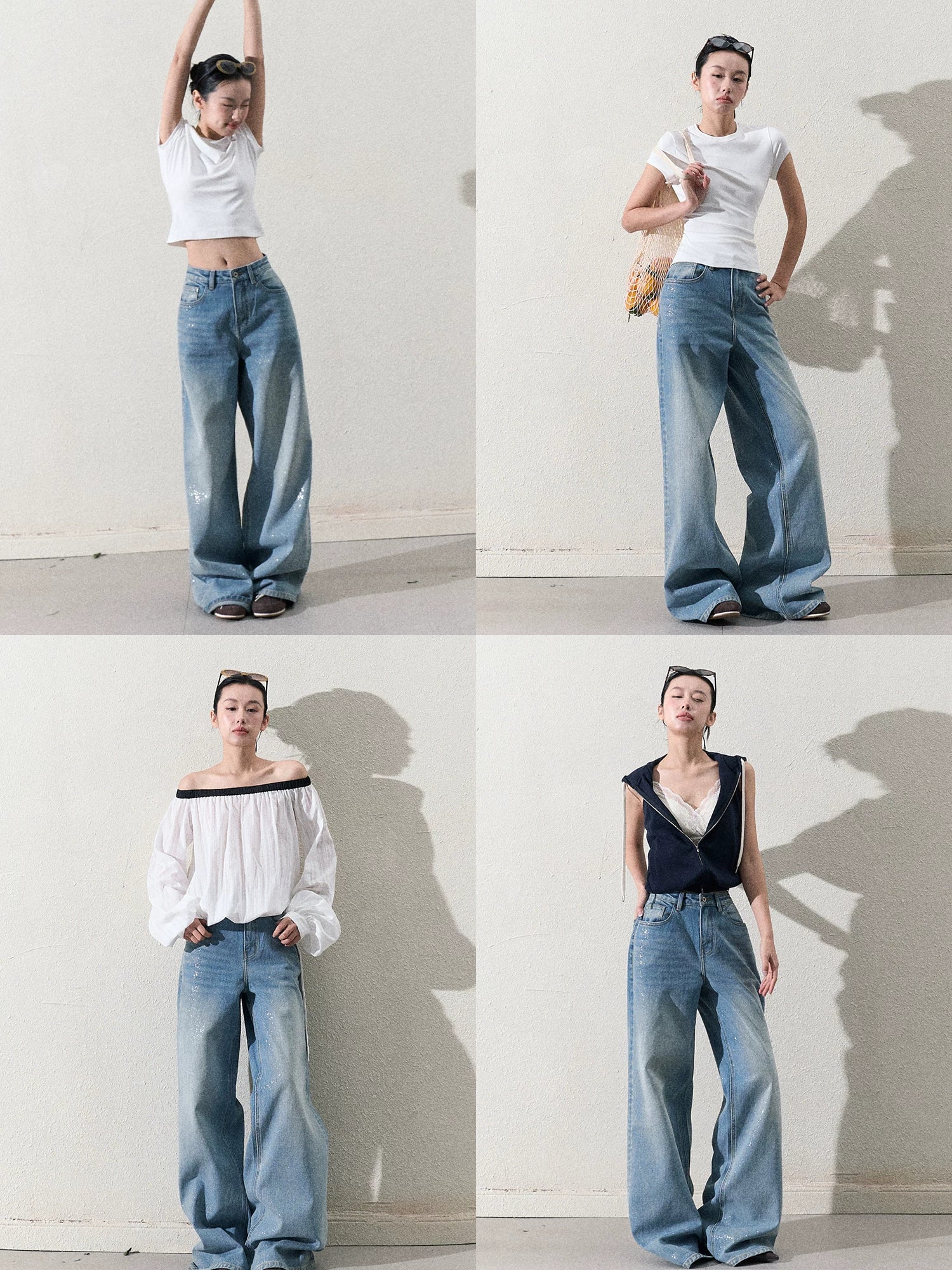 Cotton Silver-Splatter Wide-Leg Jeans