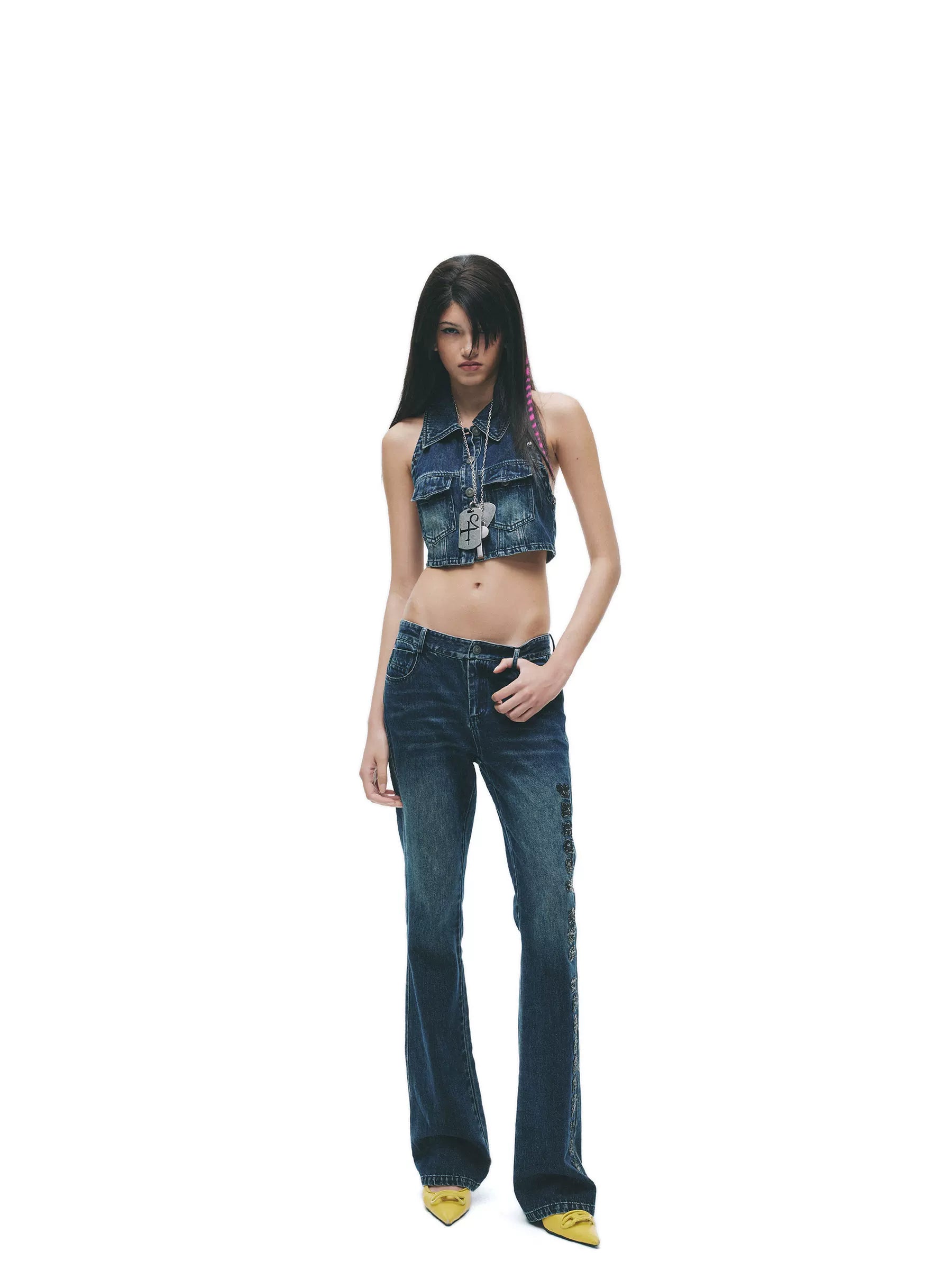Y2K Washed Denim Cropped Set with Embroidered Patch Detail