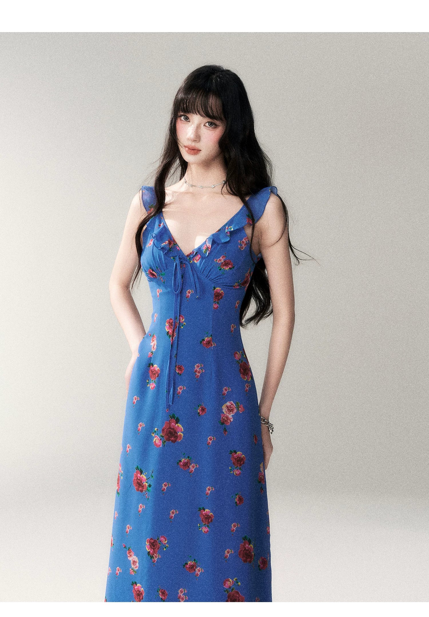 Blue Rose V-Neck Resort Maxi Dress