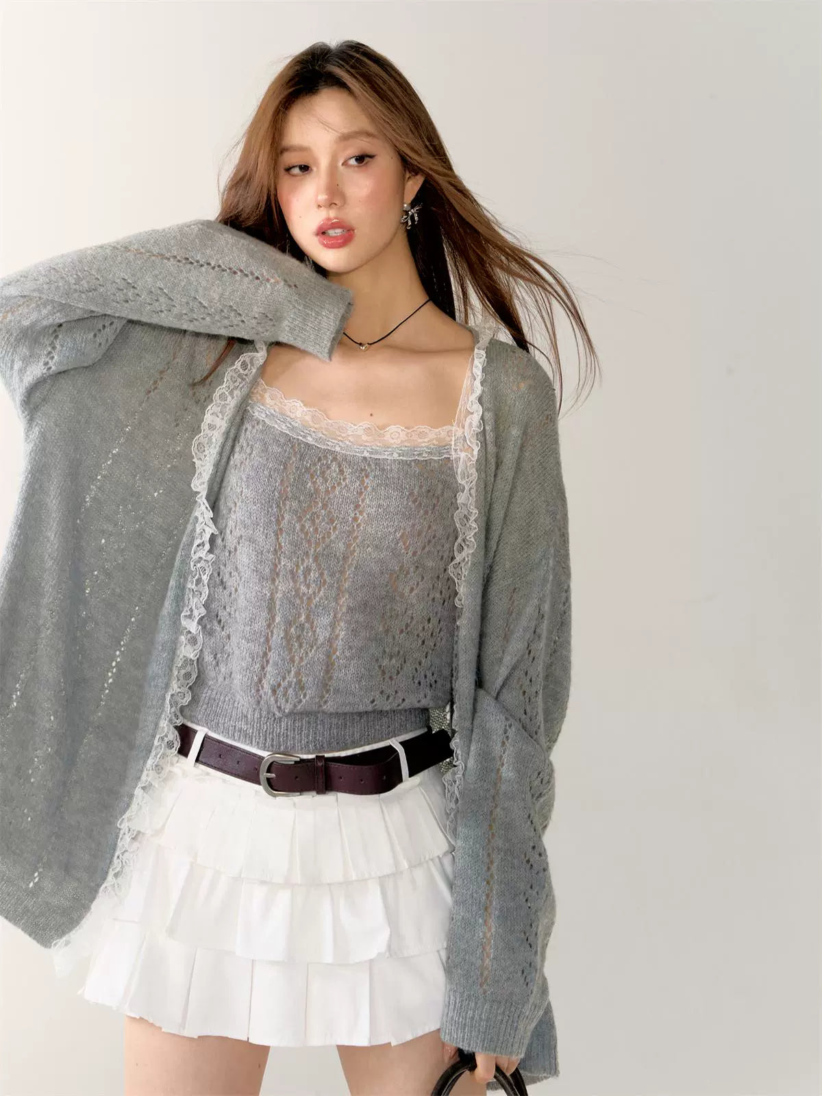 Gray & Purple Lace Trim Cardigan - CHINASQUAD