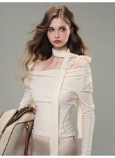 (Final Sale) White & Black Off-Shoulder Lace Knit Crewneck - CHINASQUAD