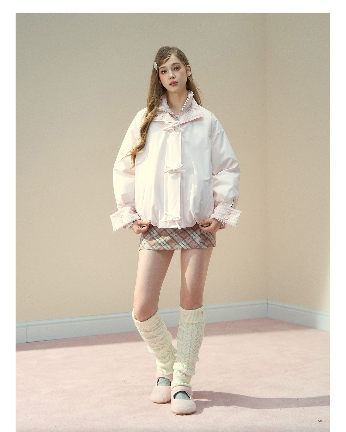 Pink Bow Check Down Jacket - CHINASQUAD