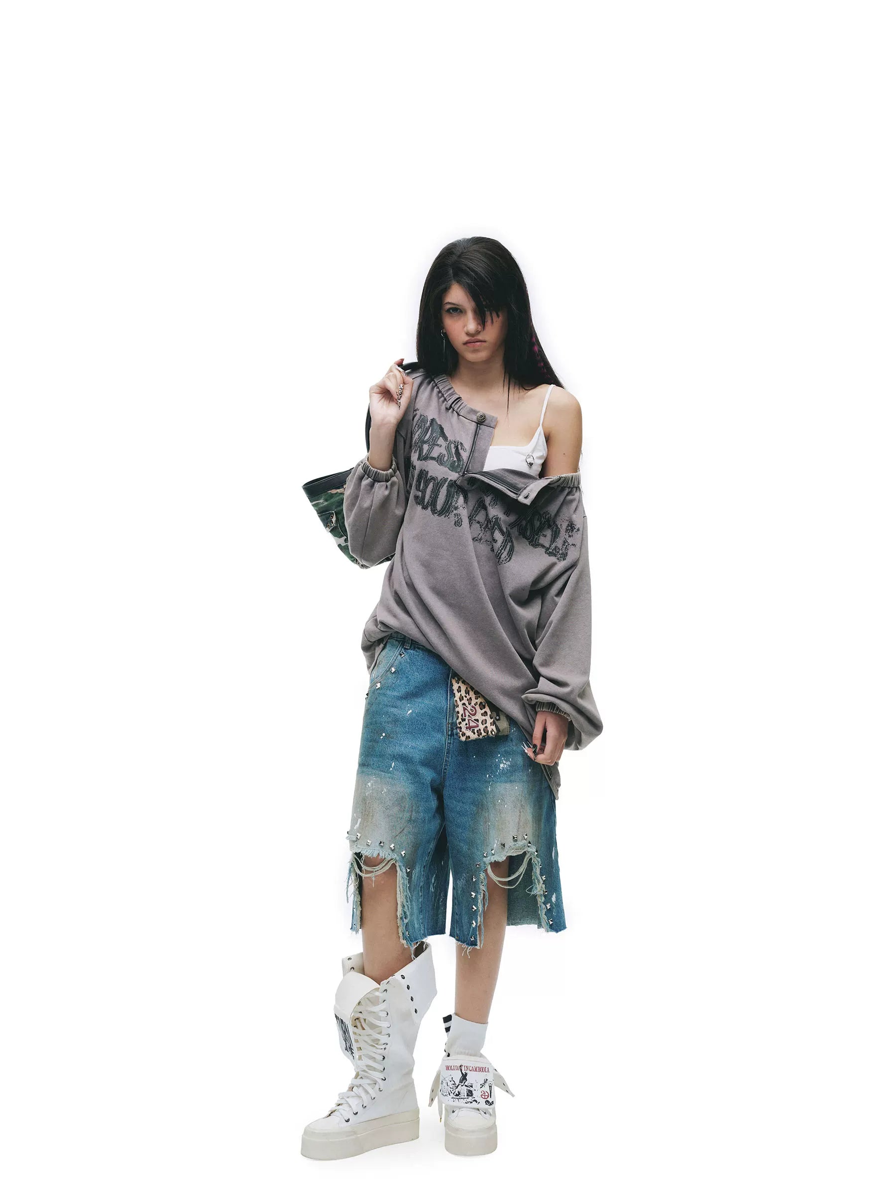 Vintage Distressed Grunge Denim Midi Shorts