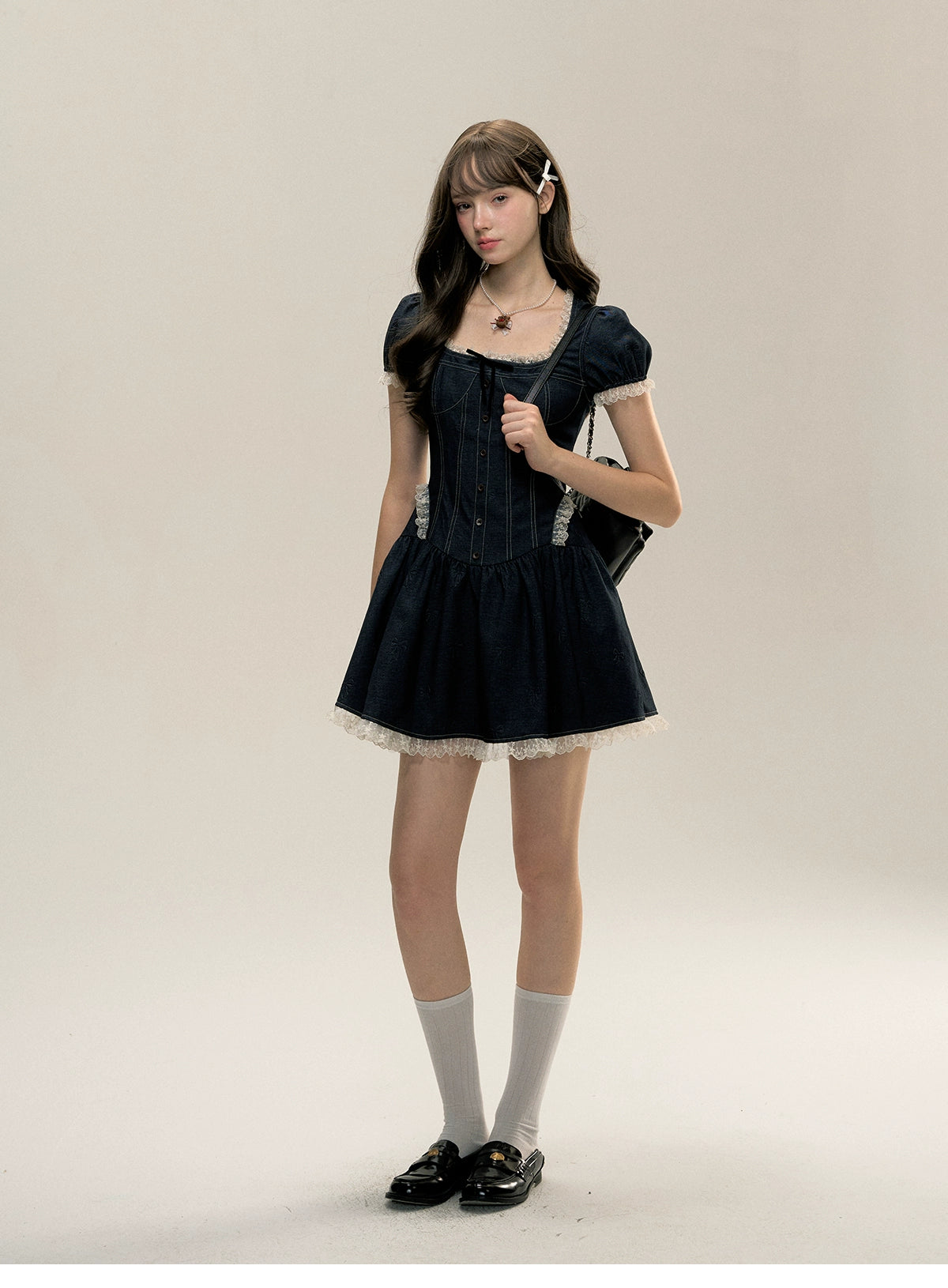 Square Neckline Short-sleeve Denim Dress - CHINASQUAD