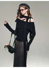 (Final Sale) White & Black Off-Shoulder Lace Knit Crewneck - CHINASQUAD