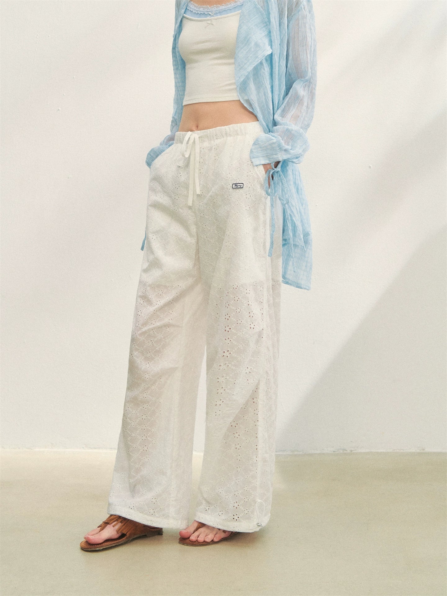 Hollow Embroidery Tie-up Casual Pants - CHINASQUAD