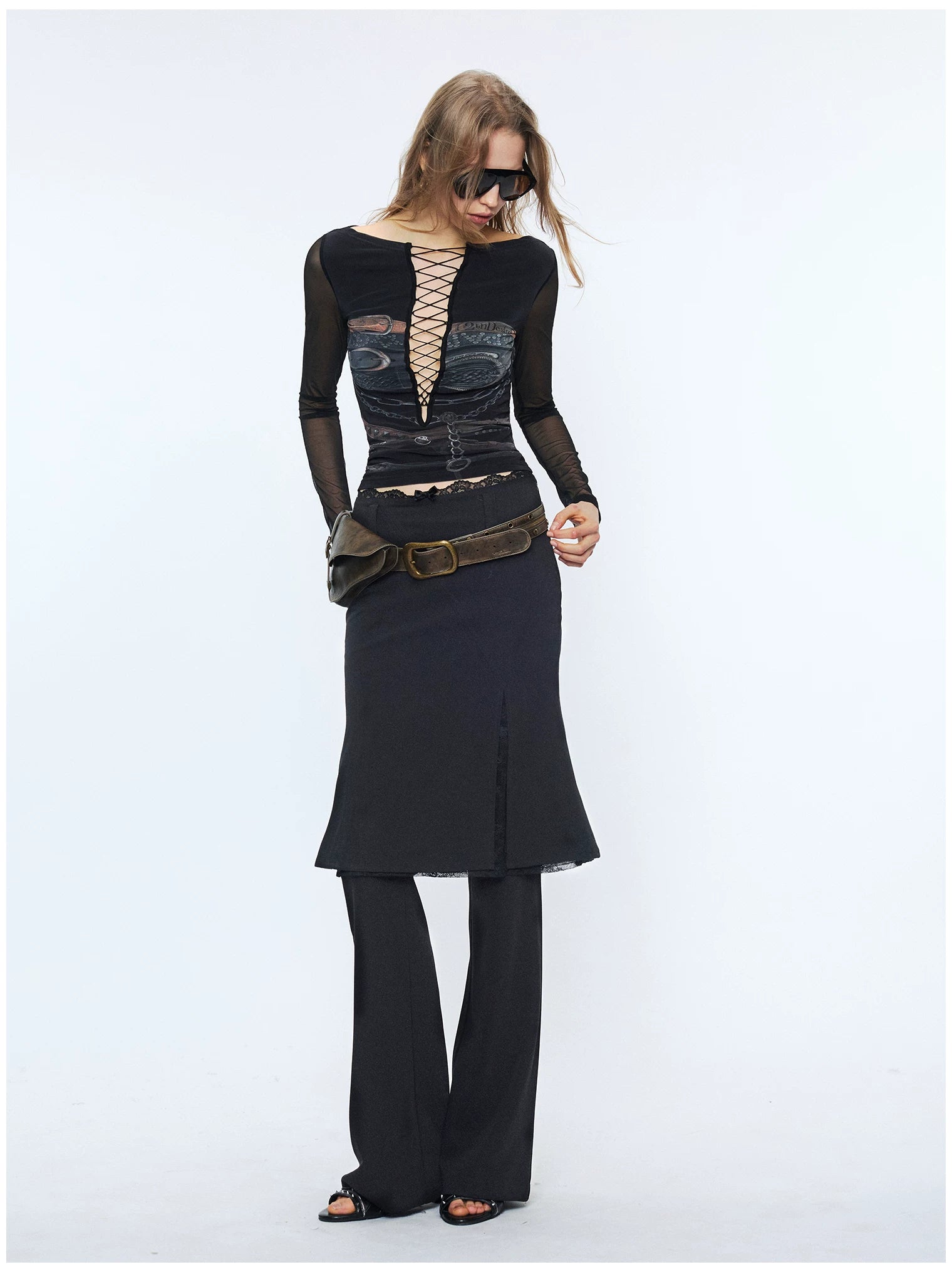 Original Print Mesh Patchwork Tie-Up Base Layer Top