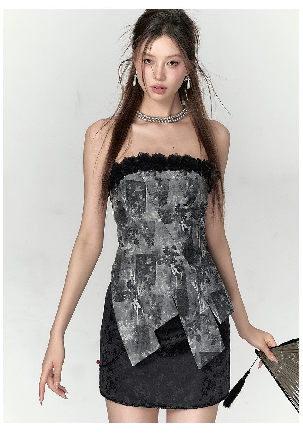 Black Petal Off-Shoulder Patchwork Top - CHINASQUAD