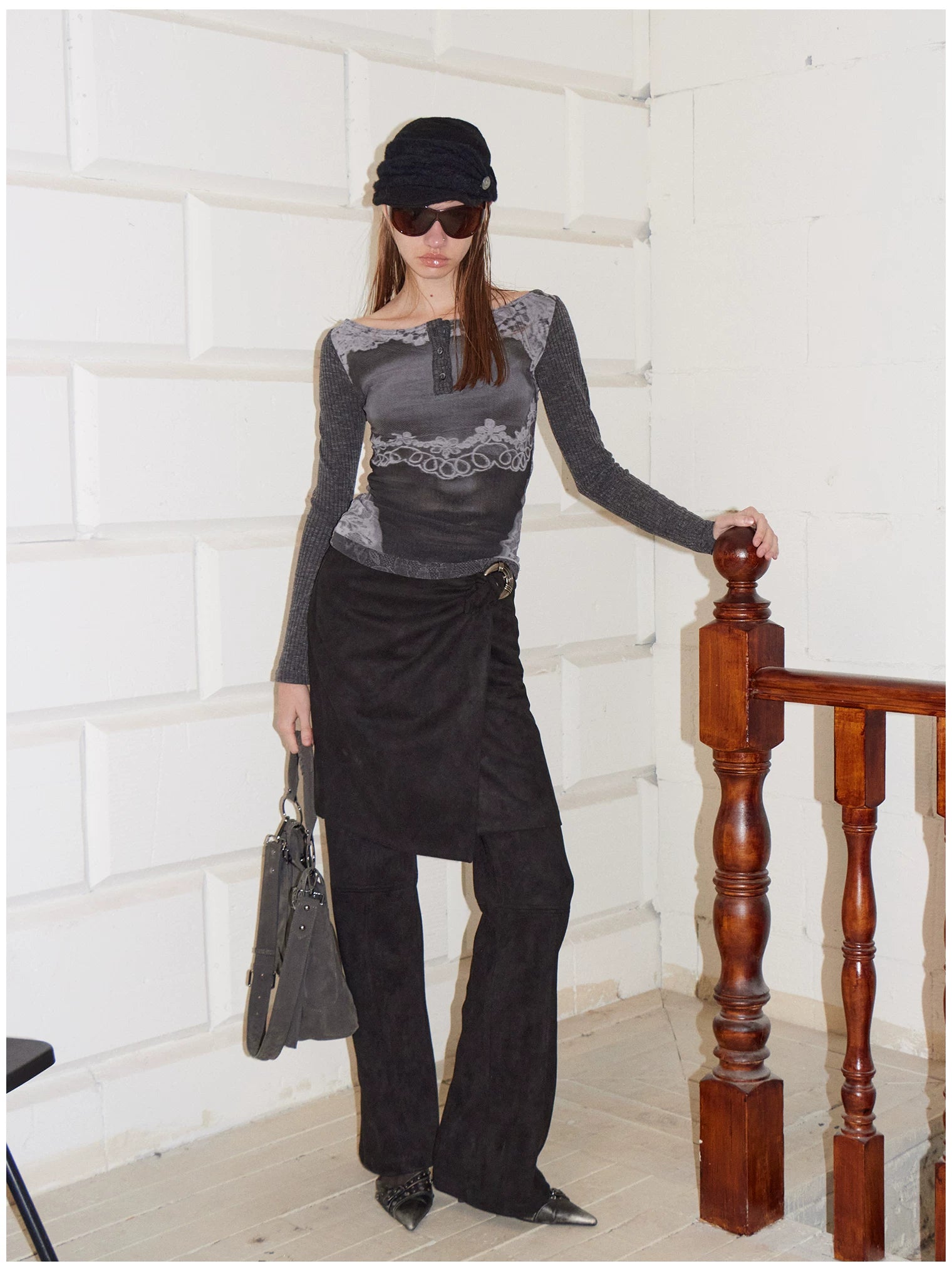 Reversible Face Print Henley Studded Sleeve Base Top