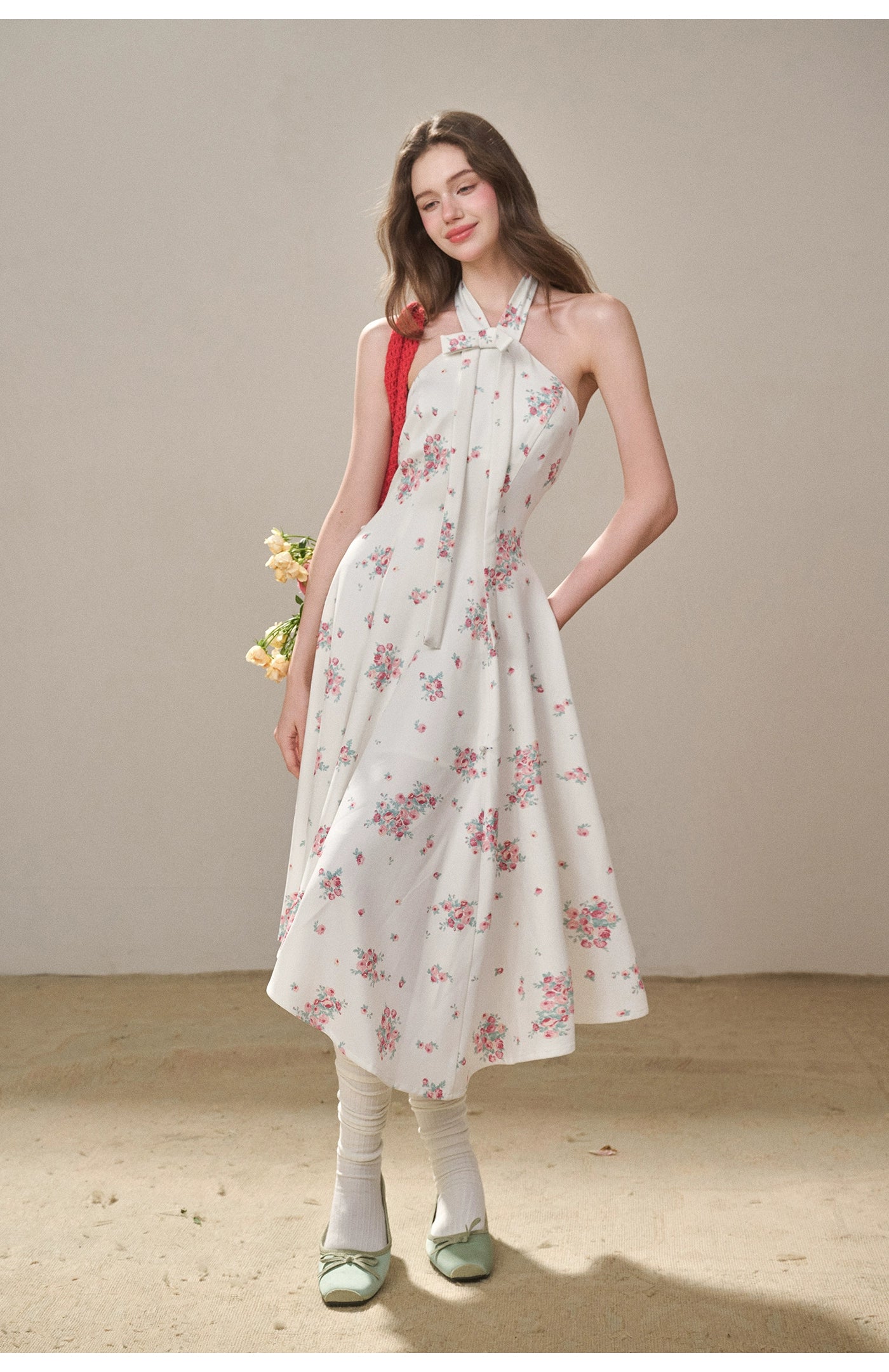 Rose Pleats Halter Midi Dress