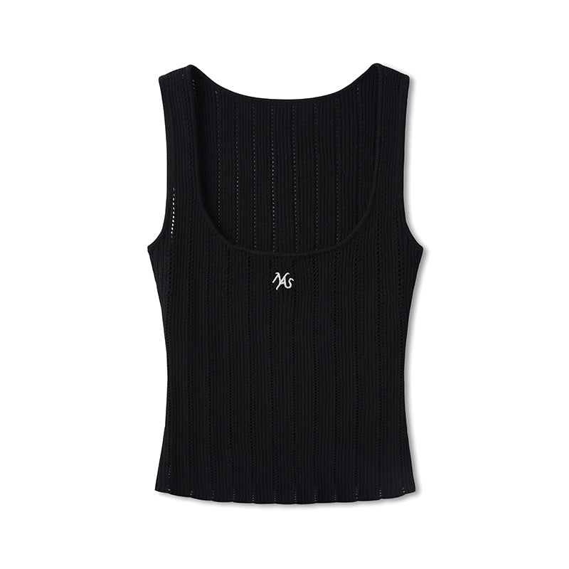 Hollow-out Square Neck Knit Tank Top - CHINASQUAD