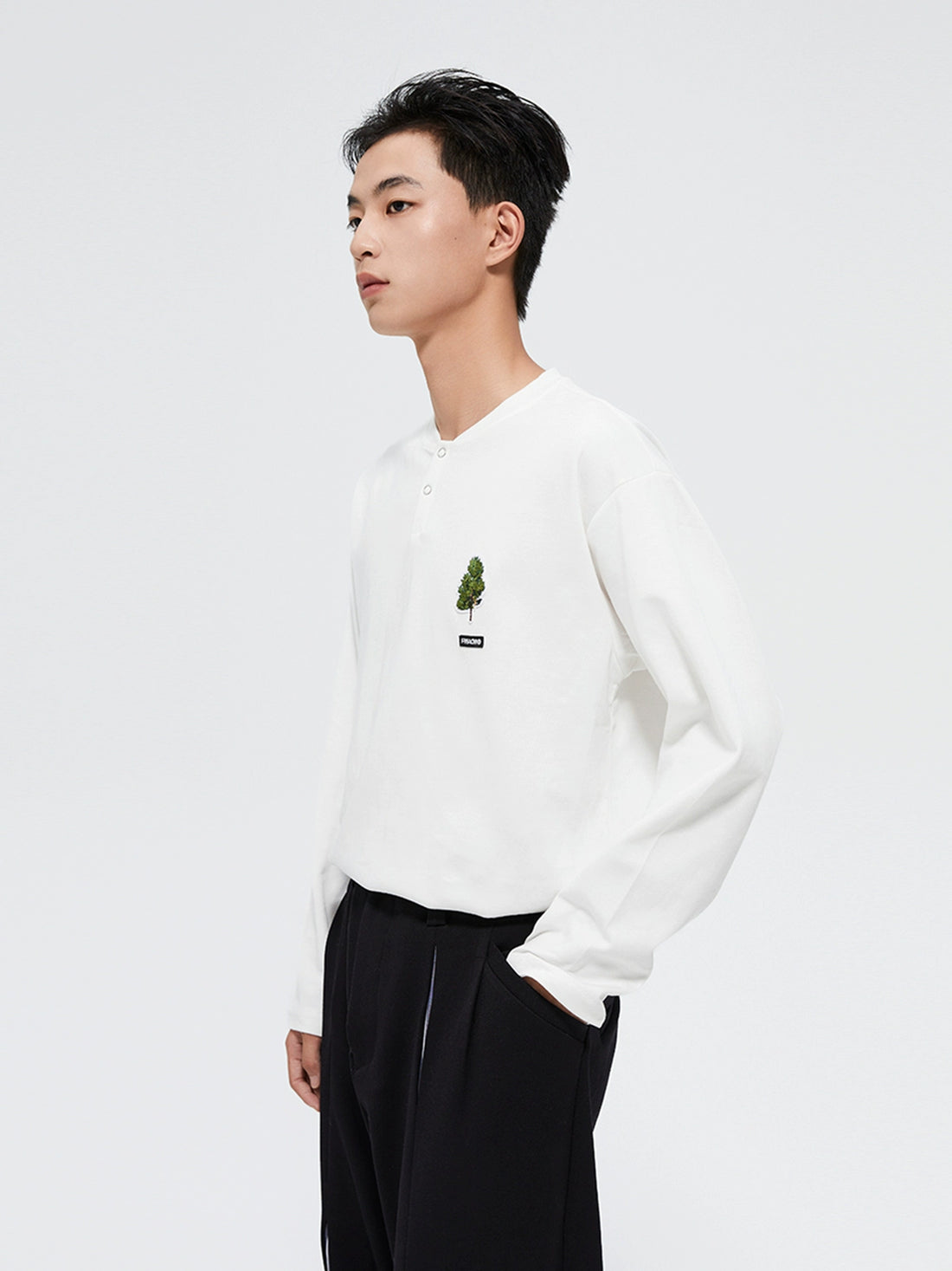 White & Black Henley Collar Long-Sleeve T-Shirt - CHINASQUAD