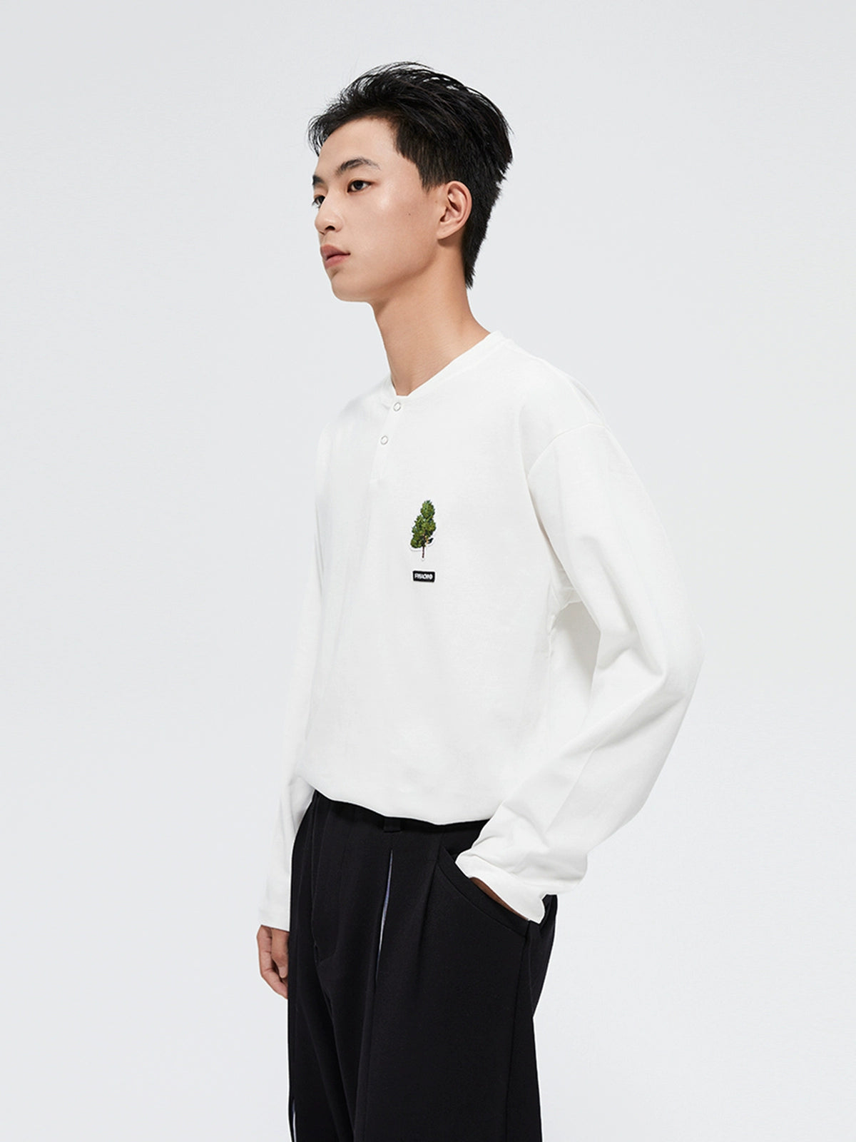 White & Black Henley Collar Long-Sleeve T-Shirt - CHINASQUAD