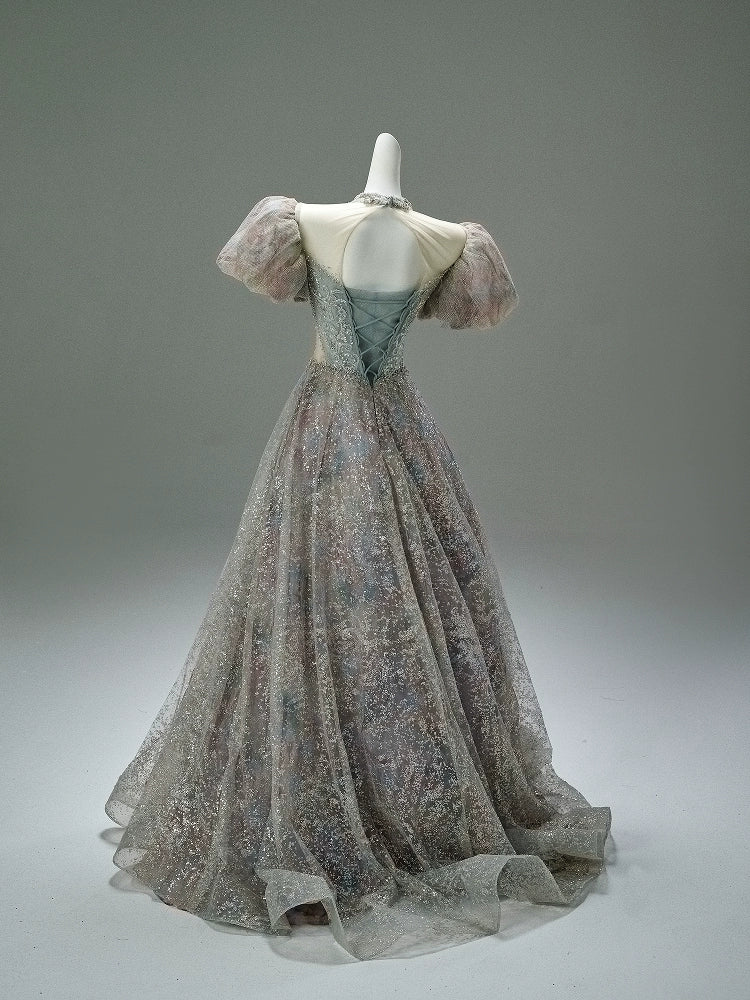 Light Drift Floral Tulle Gown with Puff Sleeves