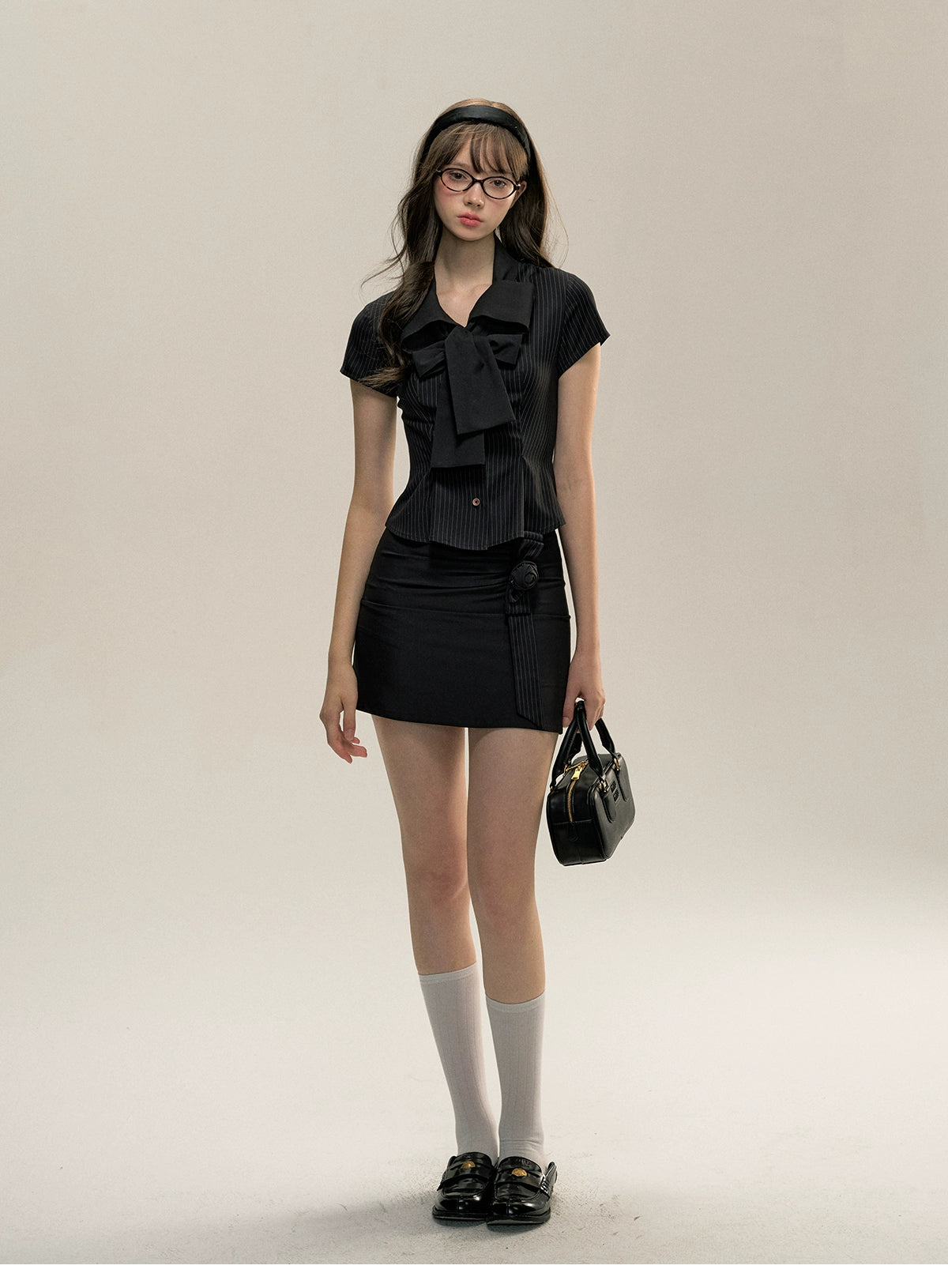 Black Striped Collegiate-style Butterfly Collar Shirt - CHINASQUAD