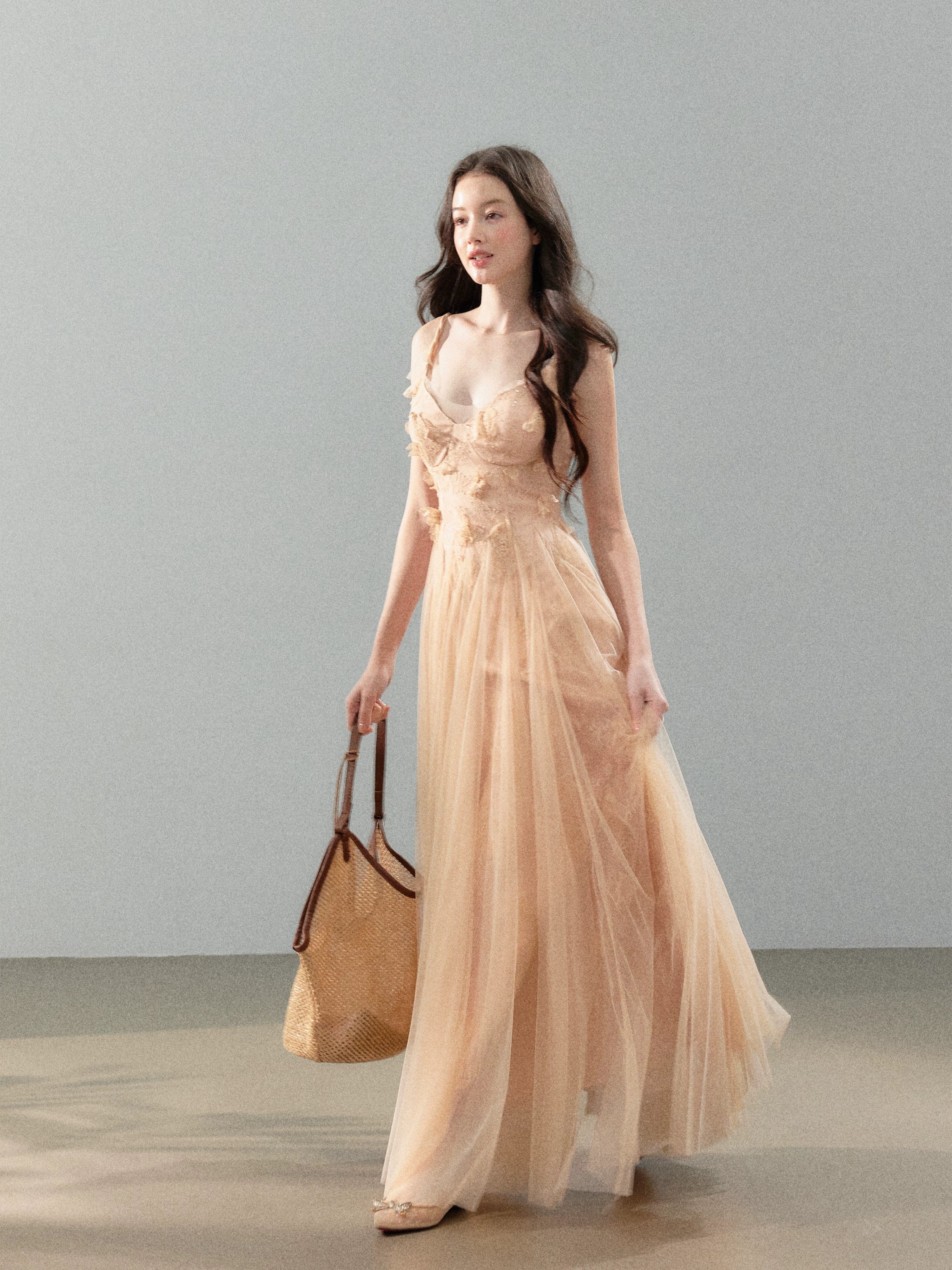 Peach Mist Floral Tulle Layered Slip Maxi Dress