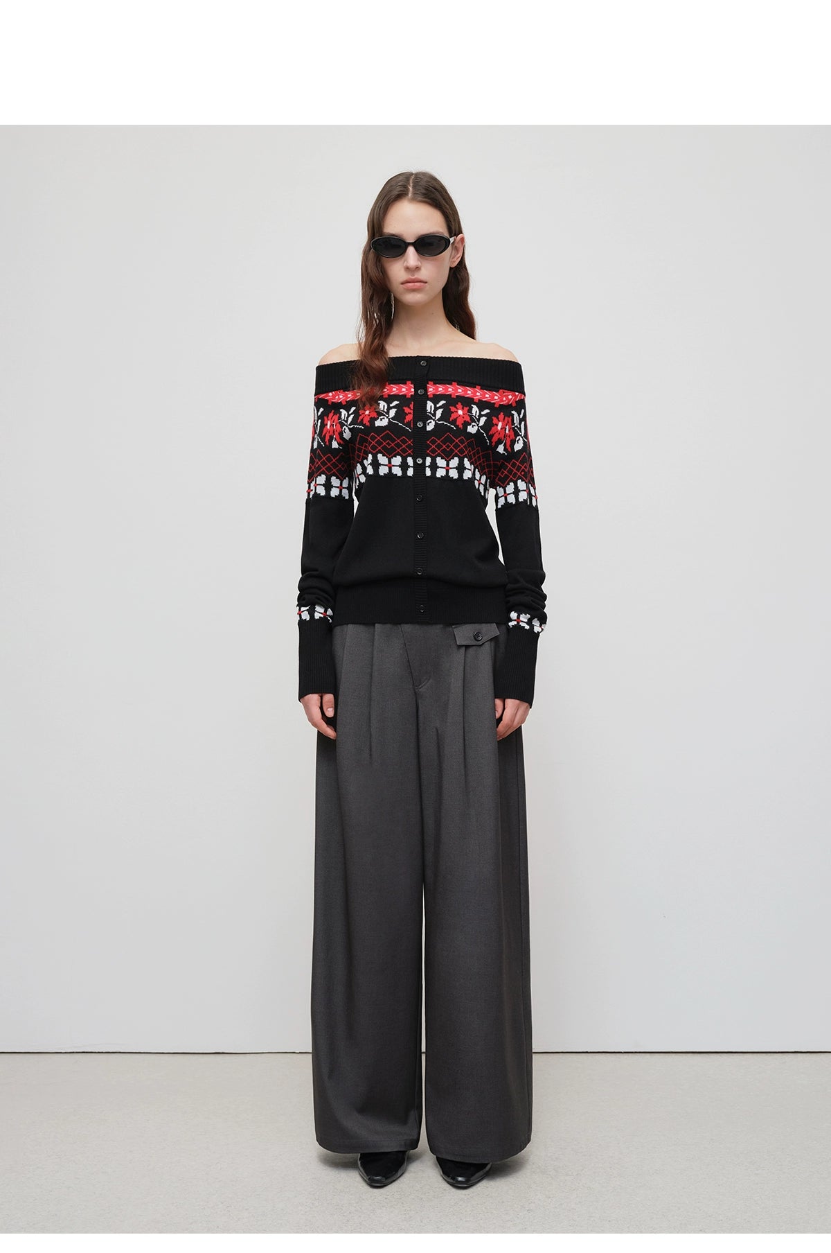 Air Isle Off-Shoulder Wool Knit Sweater - CHINASQUAD