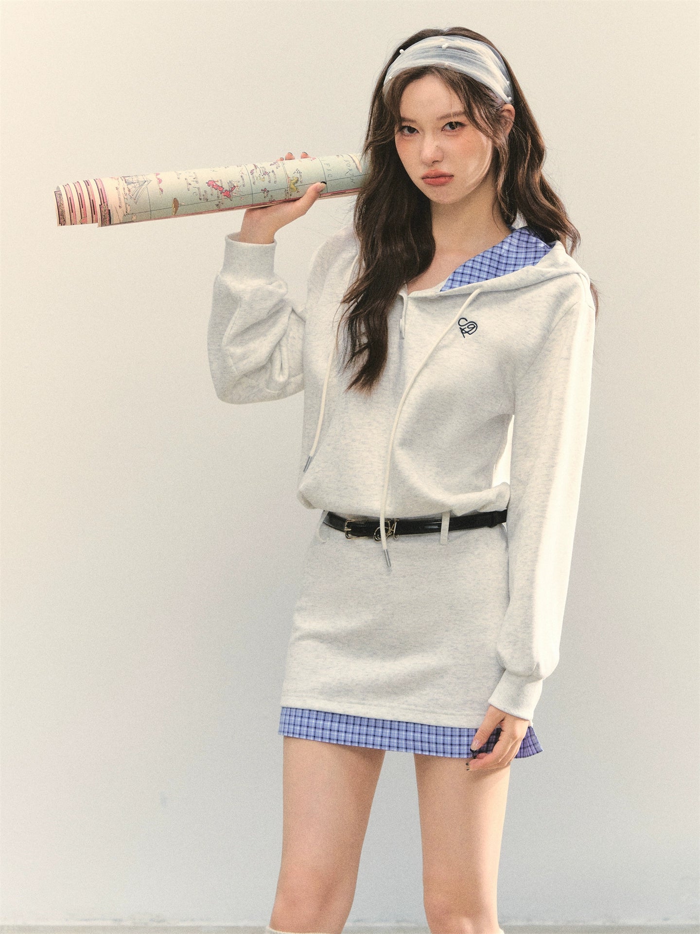 Plaid Splicing Embroidery Hooded Dress - CHINASQUAD