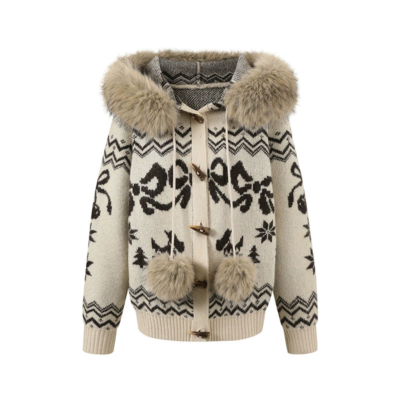 Fair Isle Fur Collar Toggle Buttons Knit Coat - CHINASQUAD