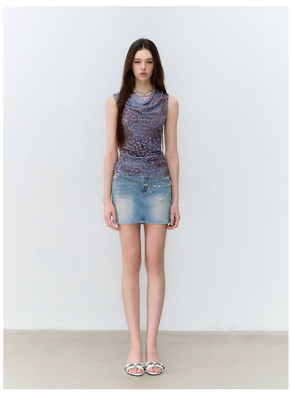 Cold Mist Speckled Draped Neck Off-Shoulder Mesh Sleeveless