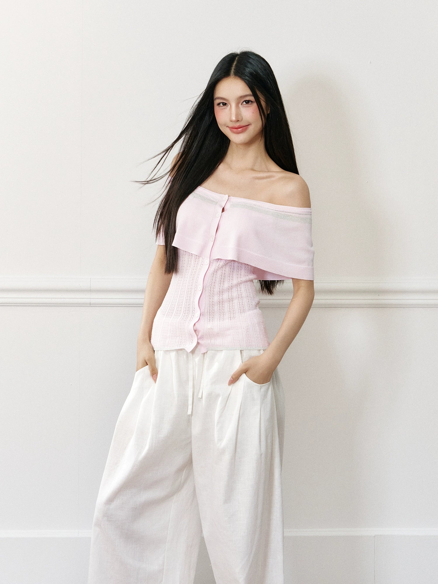 Color-block Off-shoulder Poncho-style Knit T-shirt - CHINASQUAD