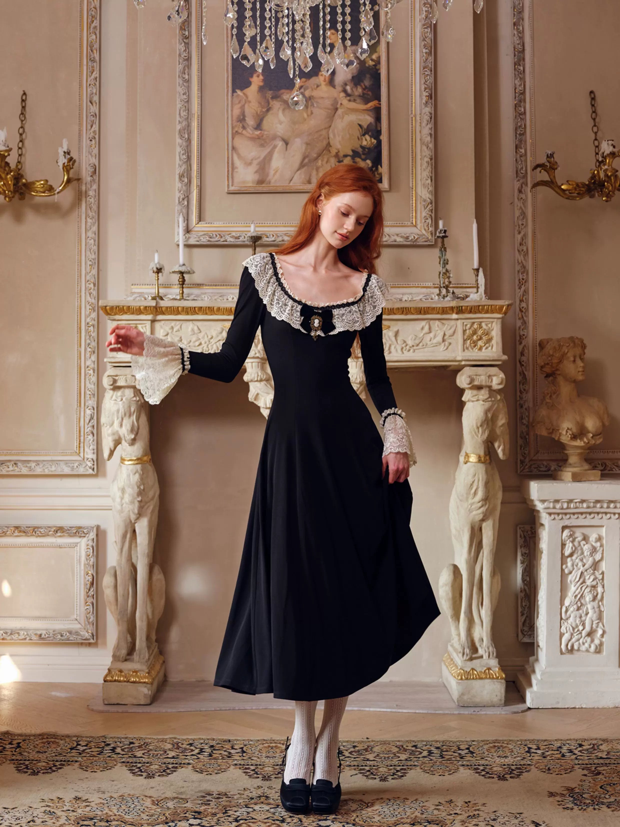 French Pastoral Black Knit Long-Sleeve Dress