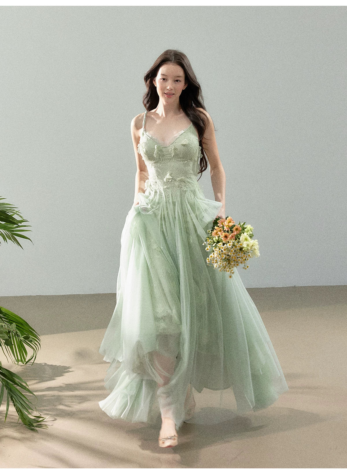 Peach Mist Floral Tulle Layered Slip Maxi Dress
