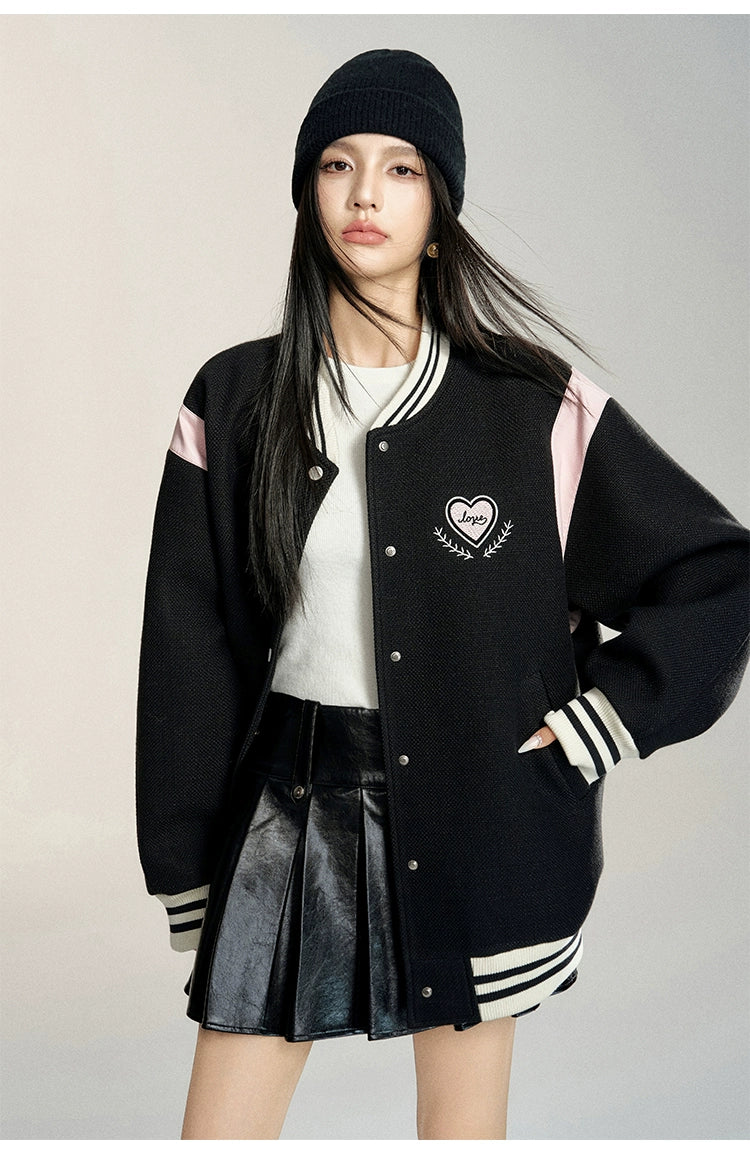 White & Black Heart Embroidered Baseball Jacket